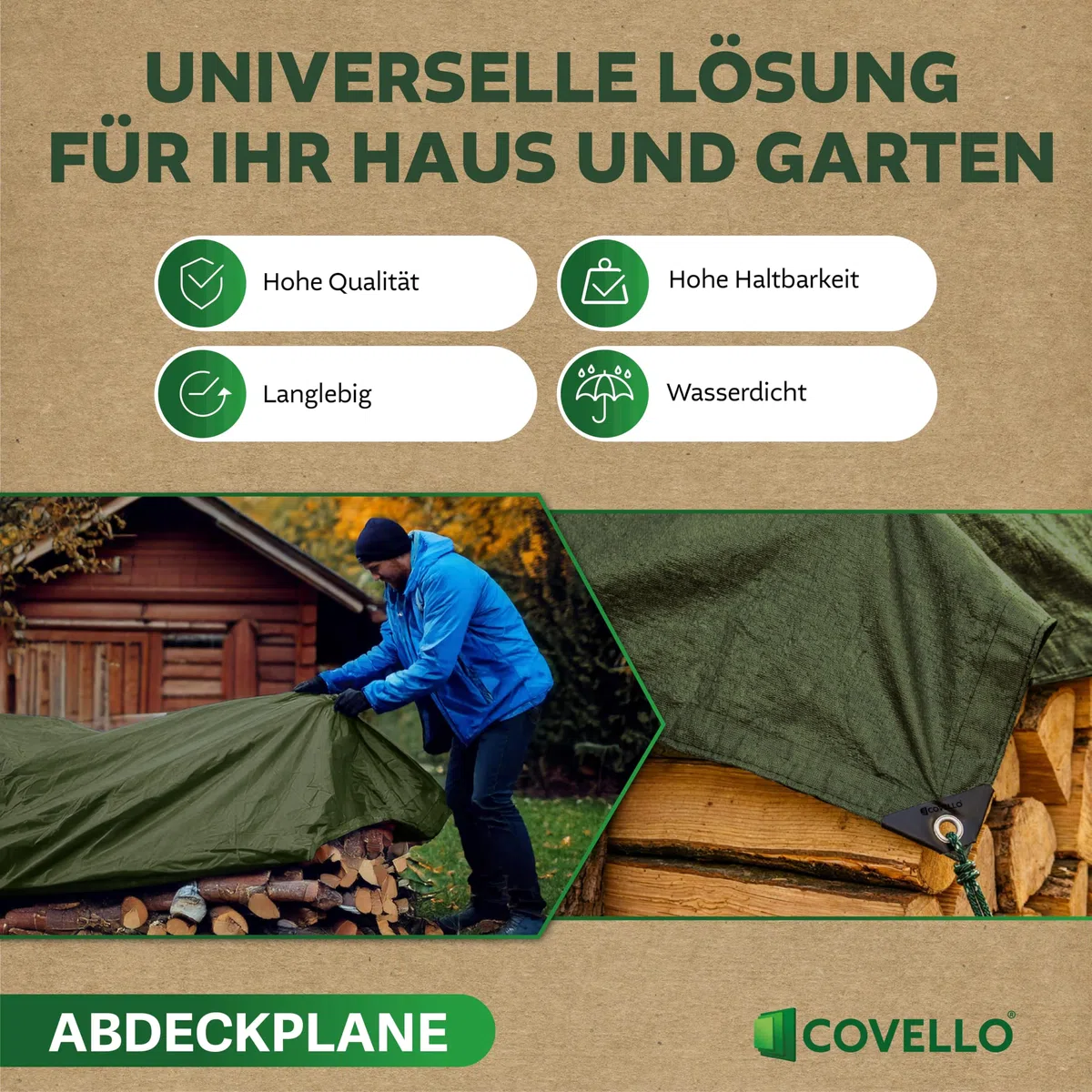 Covello Telo impermeabile esterno 260g/m² Top Line | Telo occhiellato 6m x 5m | Telo impermeabile | Resistente ai Raggi UV Agli Strappi | Telone multifunzionale per la protezione