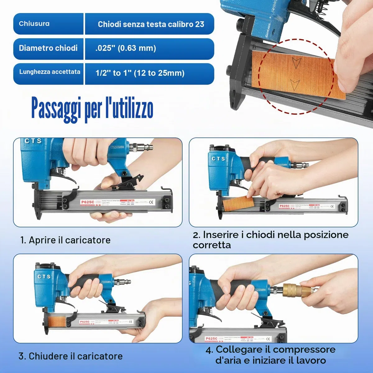 P625C Chiodatrice pneumatica con perni da 23 gauge e 3000 perni inclusi, chiodatrice pneumatica senza testa con blocco di sicurezza, adatta per perni da 1/2'' a 1'' (12 a 25mm), micro