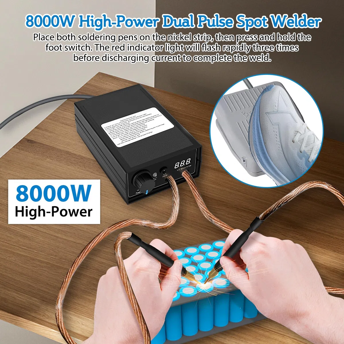 8000W Saldatrice a Punti Macchina Portatile per Saldatura a Punti per Batterie, Attrezzatura Ricaricabile con Penna di Saldatura per Nastri di Nickel da 0,1~0,3 mm