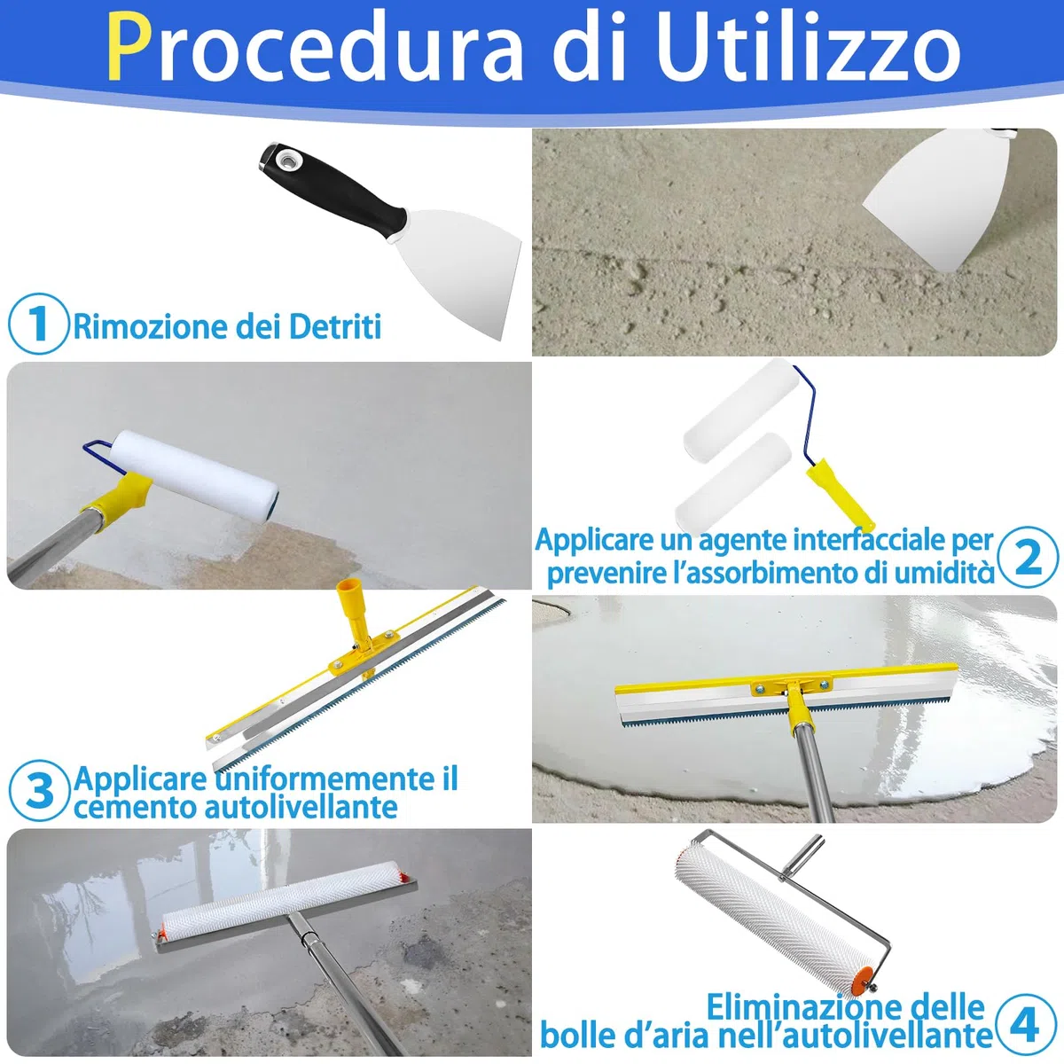 VKE Kit di Strumenti Autolivellante per Pavimenti, Rullo Frangibolle 11 mm, Scarpe Chiodate per Prato 30 mm, Spatola Autolivellantein, Asta Telescopica 162 cm (con Rullo Pittura e Spatole per Stucco)