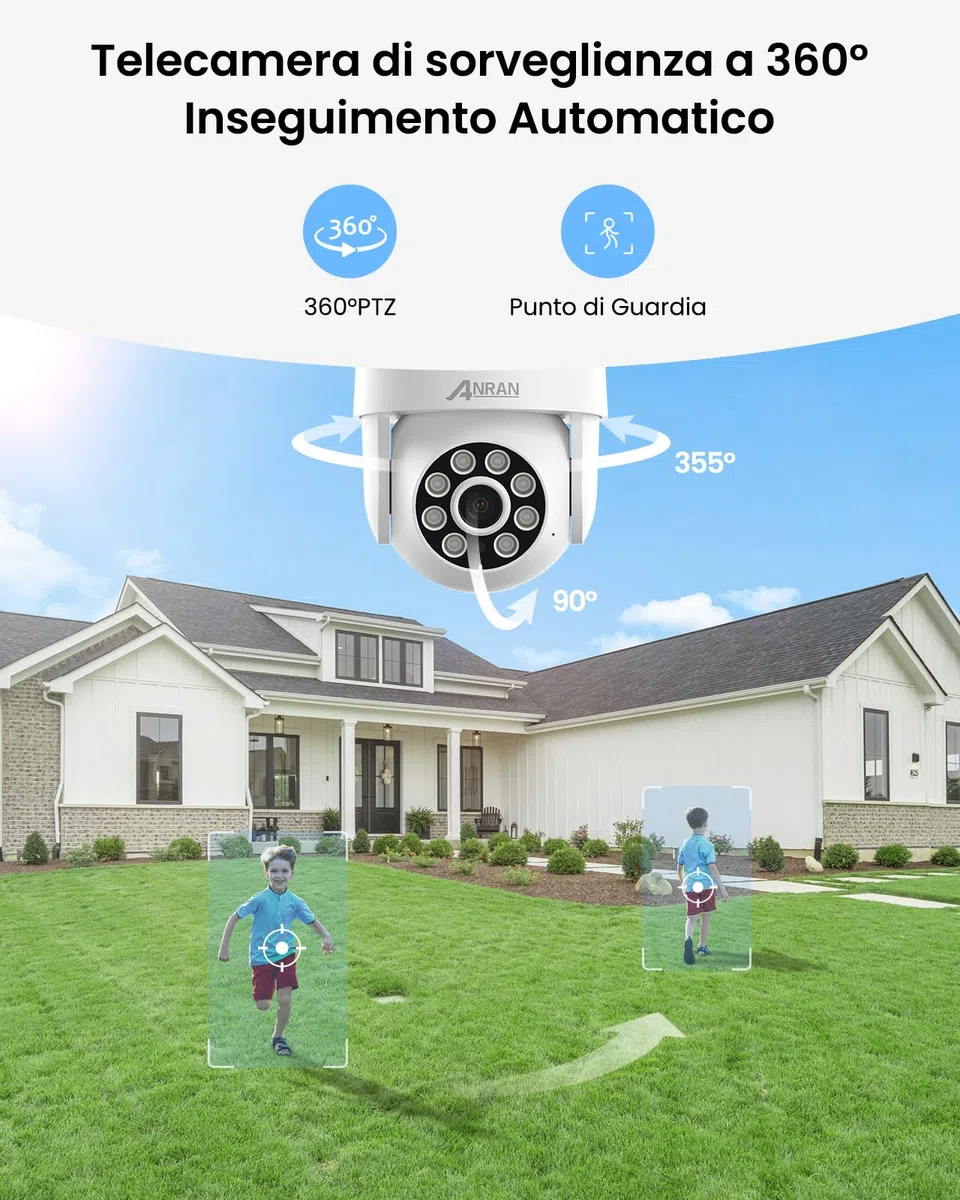 ANRAN 4K PoE Kit Videosorveglianza Esterno, NVR 8CH 2TB + 4x 8MP 360° PTZ Telecamere con Tracciamento Automatico, Rilevamento AI, Registrazione 24/7, Espandibile 10TB, Accesso Remoto, Sirena, IP67