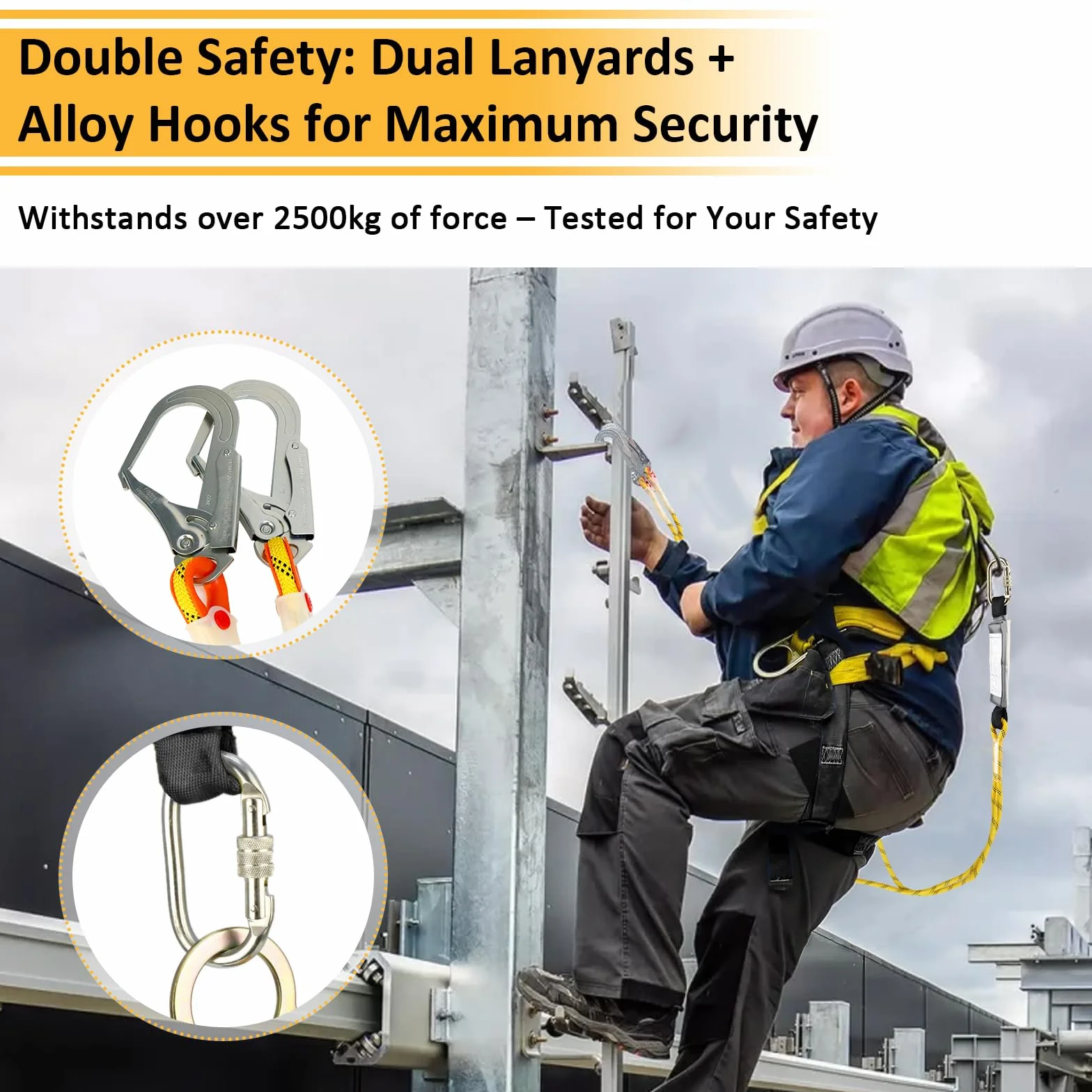 Imbracatura di sicurezza anticaduta con doppia fune e ganci, imbracatura corpo intero regolabile per uomo, edilizia, arrampicata, tetti, lavori esterni, carico max 100 kg, conforme EN 361/354/355