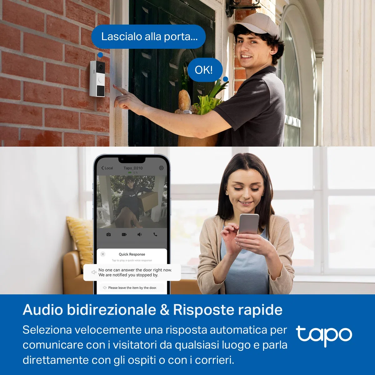 Tapo D210 Videocitofono 2K 3MP, Visione Notturna a Colori, Campo Visivo Etra-Largo, Rilevamenti Smart AI, Audio Bidirezionale, Comunicazione Diretta da APP, Batteria Dura 6 Mesi, Antifurto, IP65