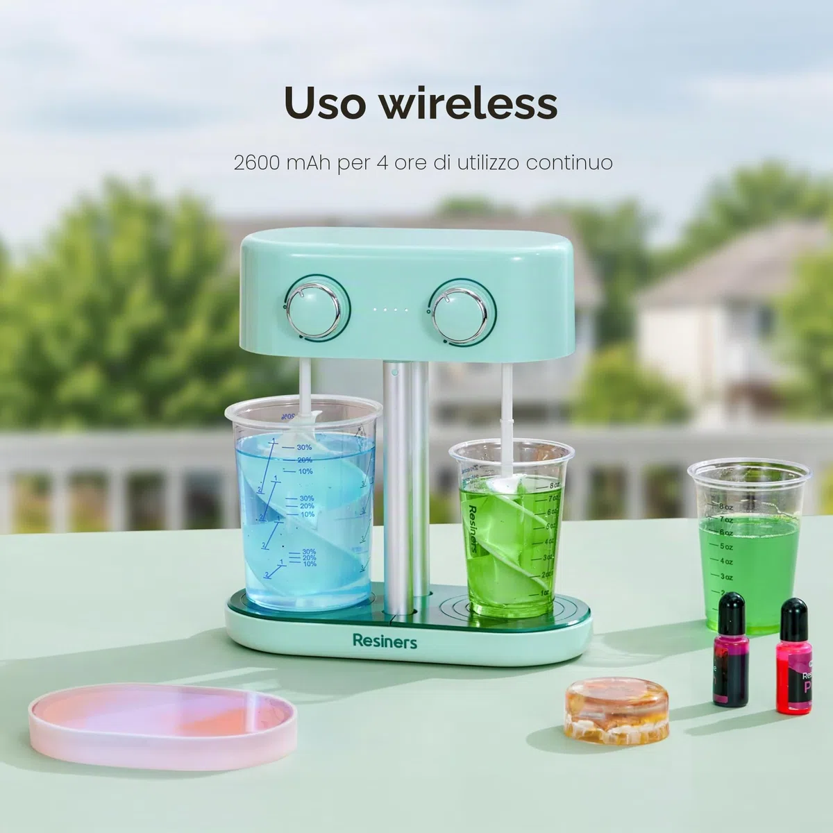 Resiners Miscelatore di Resina a Doppia Testa, Miscelatore di Epossidica Ricaricabile, velocità Continuamente Variabile e Minime Bolle, Palette Elettriche a Spirale in Silicone per Miscelazione