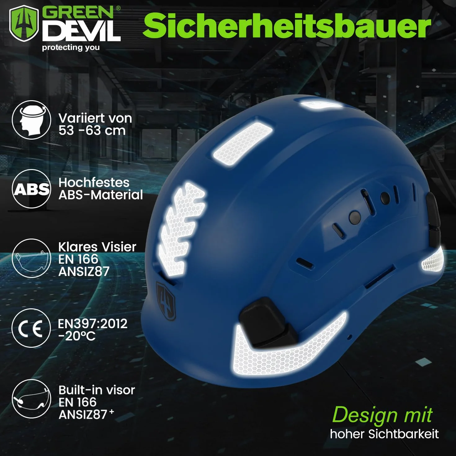 GREEN DEVIL Casco protettivo industriale certificato EN397 & EN166 con visiera colorata + trasparente, casco di sicurezza con doppia visiera per costruzione, artigianato e industriale, casco di