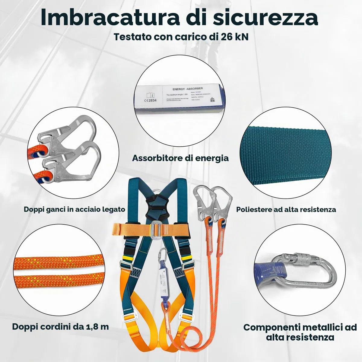 Imbracatura di sicurezza anticaduta integrale con assorbitore di energia, doppia fune 1,8 m, Portata massima 140 kg, EN 361/354/355, protezione anticaduta per tetti e arrampicata, linea vita tetto kit