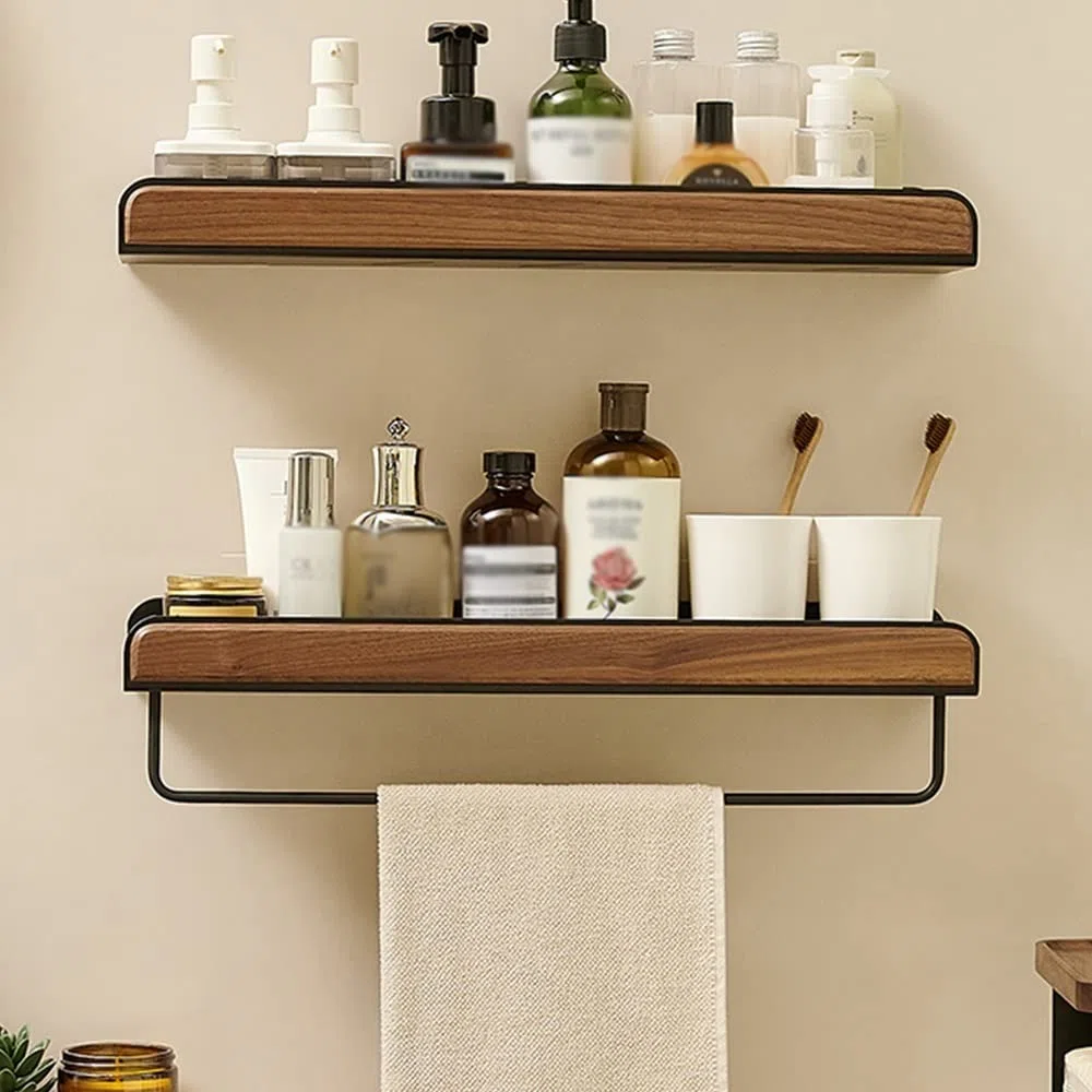Mensola per Doccia, Mensola da Bagno in Noce, Mensola Organizer, Mensole Sospese, Mensola Rettangolare a Parete, Multifunzionale, Bagni, Cucine, Camera da Letto, con Portasciugamani, Portaogg