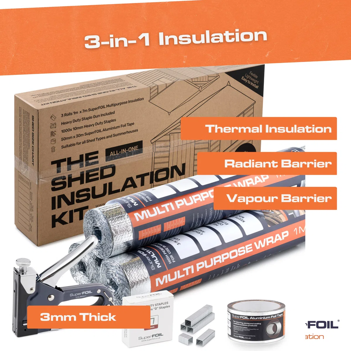 SuperFOIL Kit di Isolamento per Capanni - Soluzione Fai-Da-Te per Risparmiare Energia - Isolamento Termico Durevole 3-in-1 con Barriera Riflettente e Barriera al Vapore