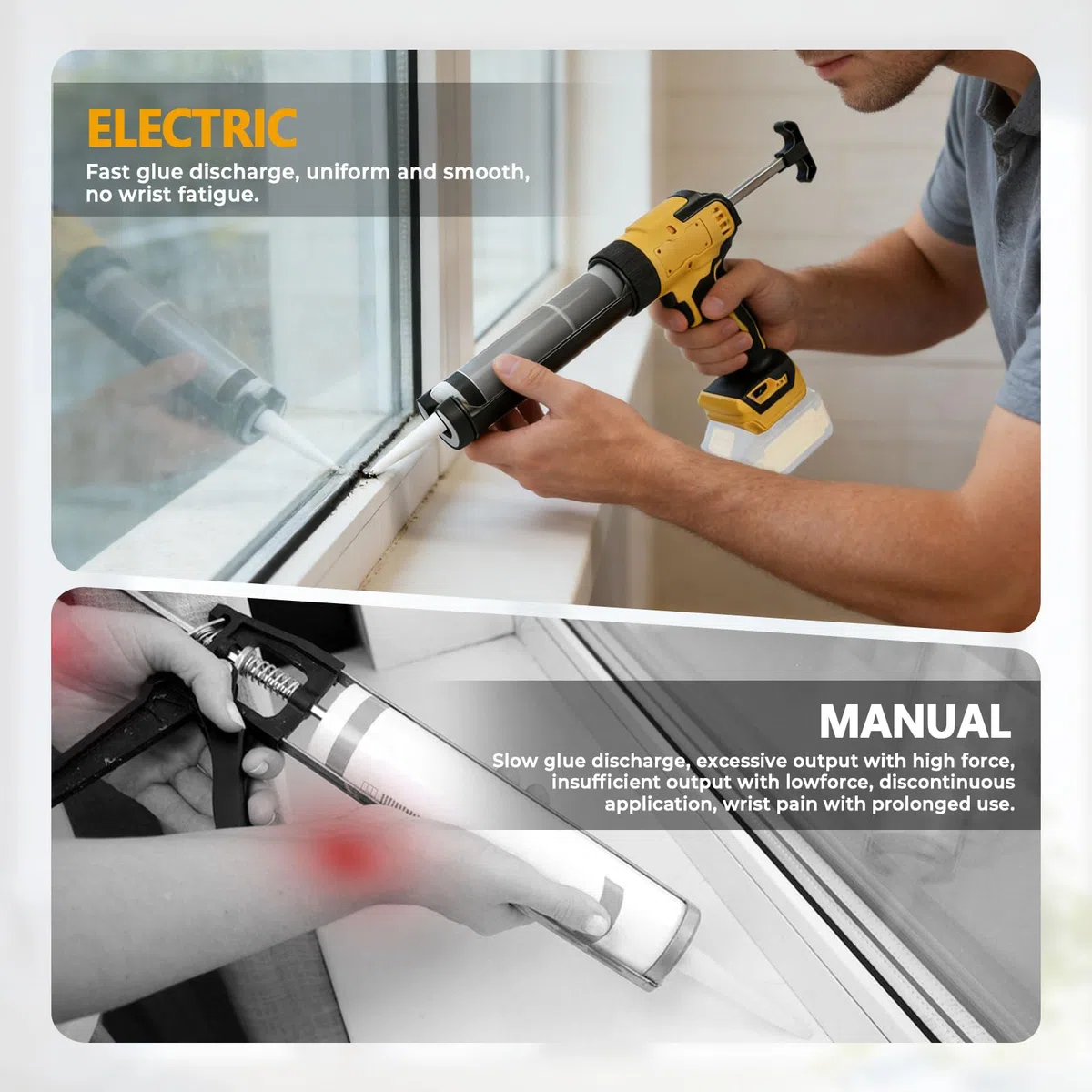 Pistola per sigillatura senza fili per Dewalt, applicatore elettrico per pistola sigillante siliconica per cartucce da 300 ml con 6 velocità regolabili, display digitale, luce LED e antigoccia per