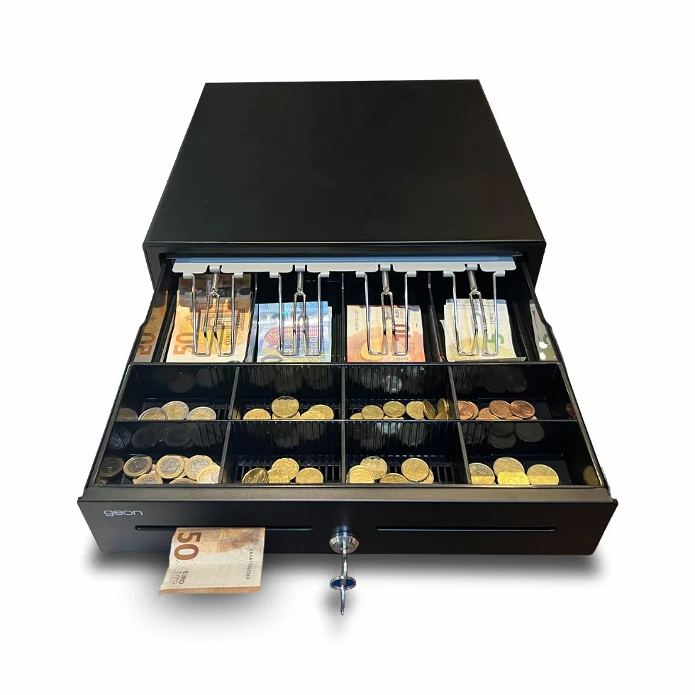 Cassetto Cassa Registratore - Cassetta Porta Soldi 4 Scomparti Banconote 8 Monete - Apertura Automatica RJ11/RJ12 Manuale con Chiave - Guide Metalliche - Registratore di Cassa - 41x41,5x11,5cm - Nero