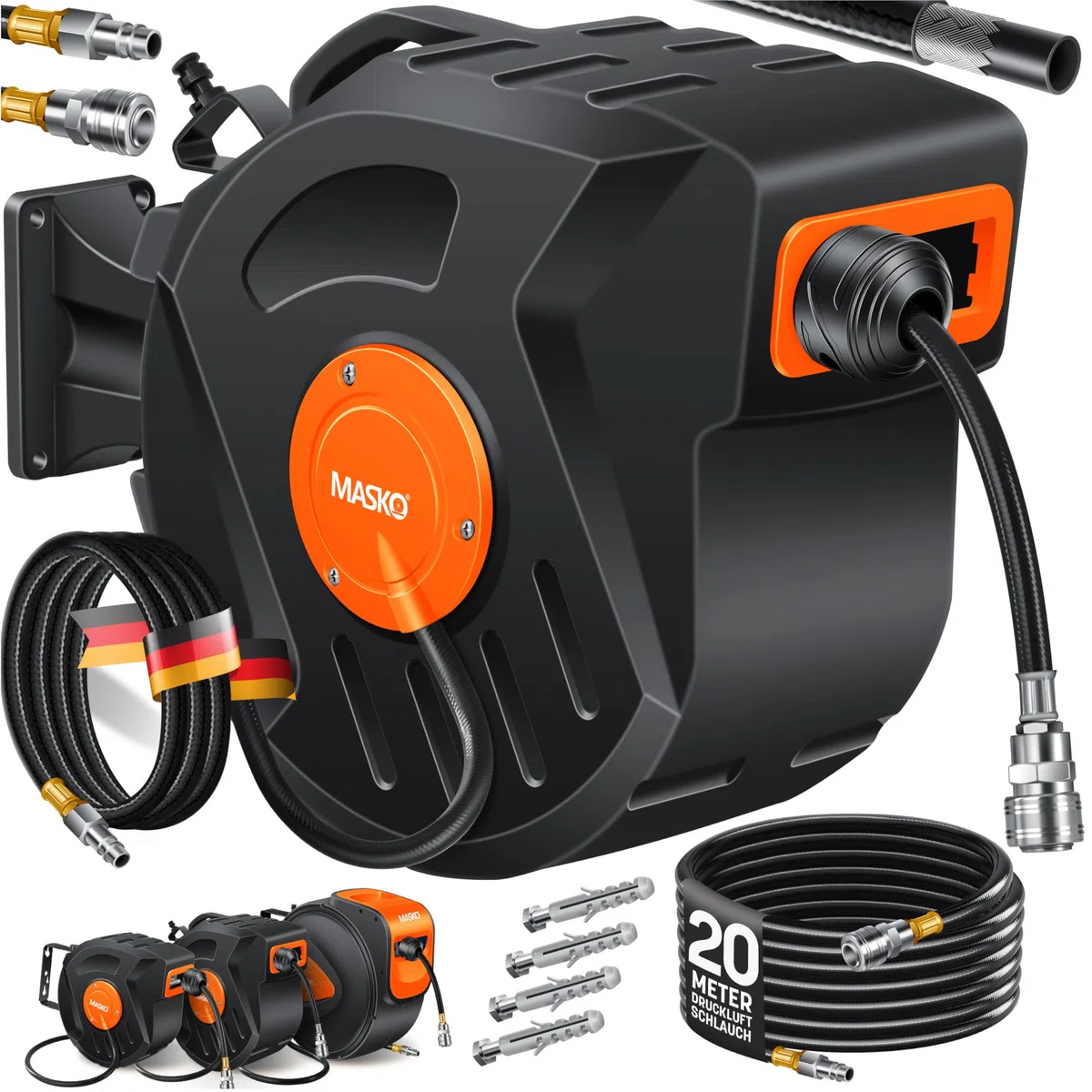 MASKO® Avvolgitore per tubo ad aria compressa automatico Attacco 1/4 - Avvolgitubo Portatubo a muro Avvolgitore per tubo Avvolgitore per tubo ad aria compressa, blu, 10m