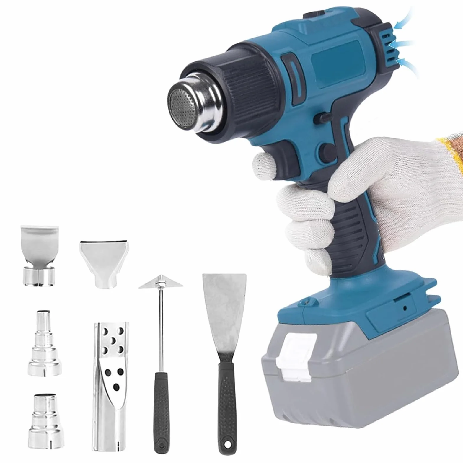 Pistola termica a batteria compatibile con batteria Makita da 18 V, con regolazione del volume d'aria a 2 livelli, temperatura fino a 550 °C e 7 ugelli per saldatura, piegatura di tubi (senza batterie