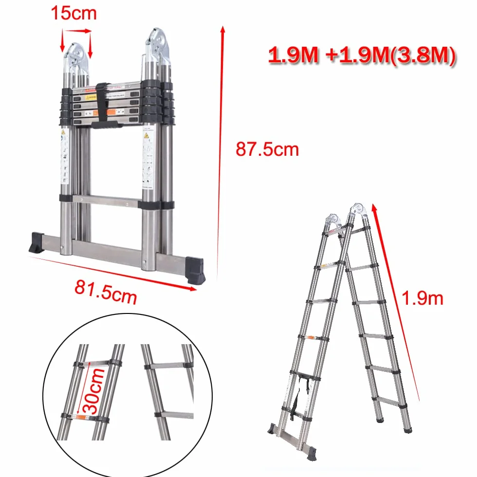 Scale Telescopiche A-Frame, Scala Allungabile in Acciaio Inossidabile, Scaletta Pieghevole Multiuso Portatile, Capacità di Carico 150KG, per Decorazione, Pittura, Fai da Te (1.9M + 1.9M)