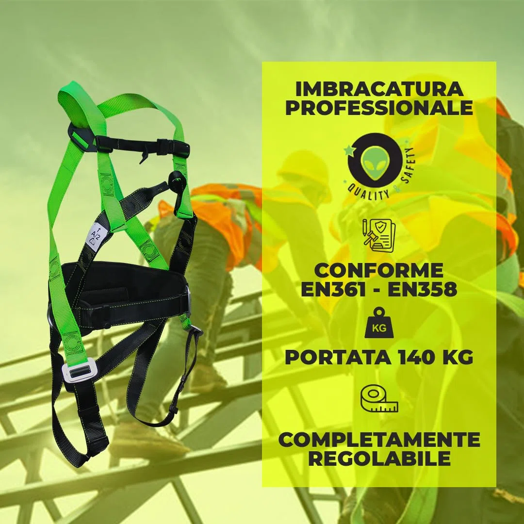 Imbracatura di Sicurezza Anticaduta Regolabile Professionale UFO, Kit con Sacca e Cordino regolabile 150cm, Arrampicata, Cintura di Sicurezza per Lavoro, Normativa EN361 EN358