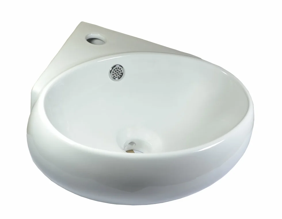 Omeere - Lavello angolare in ceramica, 39 x 37,5 cm, montaggio a parete, ovale, a semicerchio