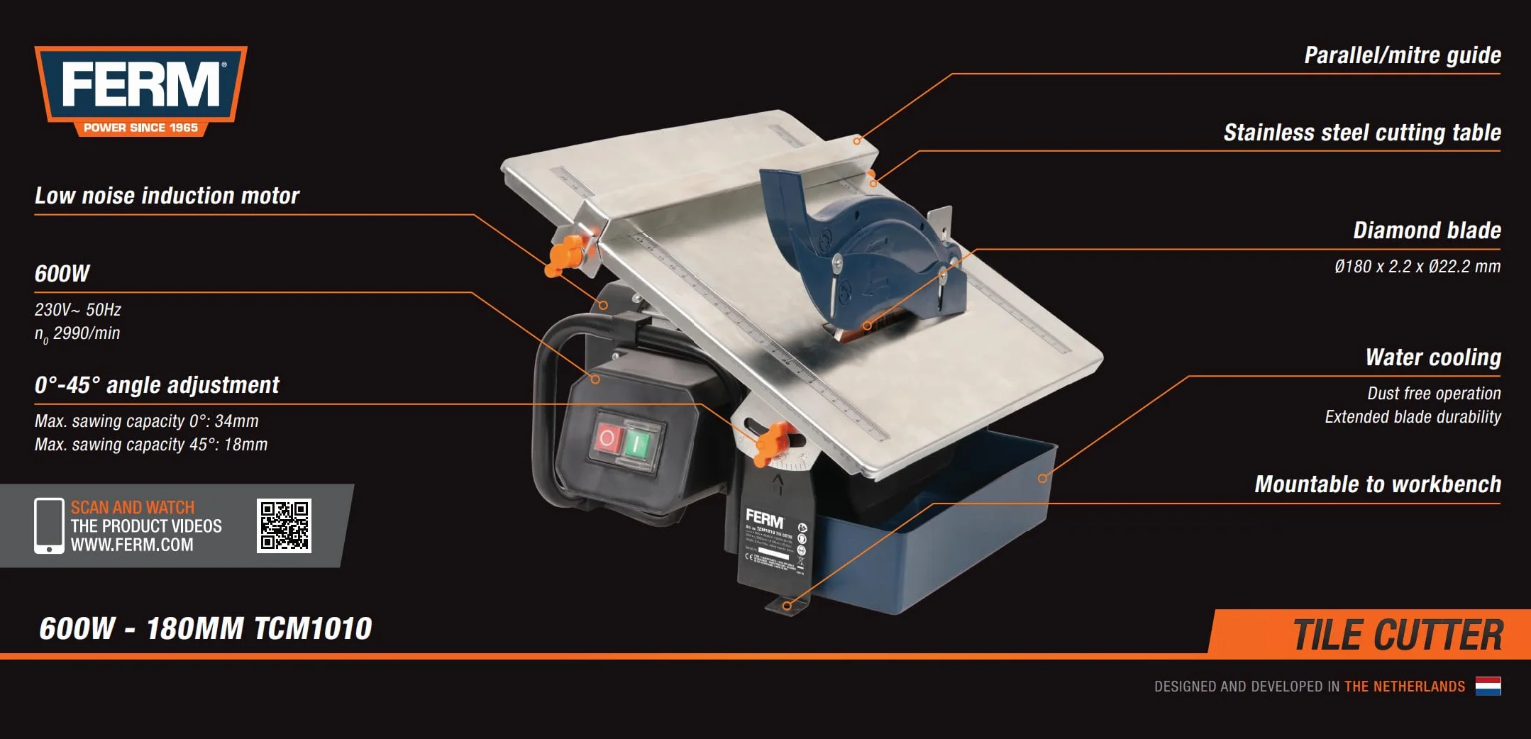 FERM Tagliapiastrelle 600W 180mm - Sistema di raffreddamento ad acqua - Include 1 lama diamantata