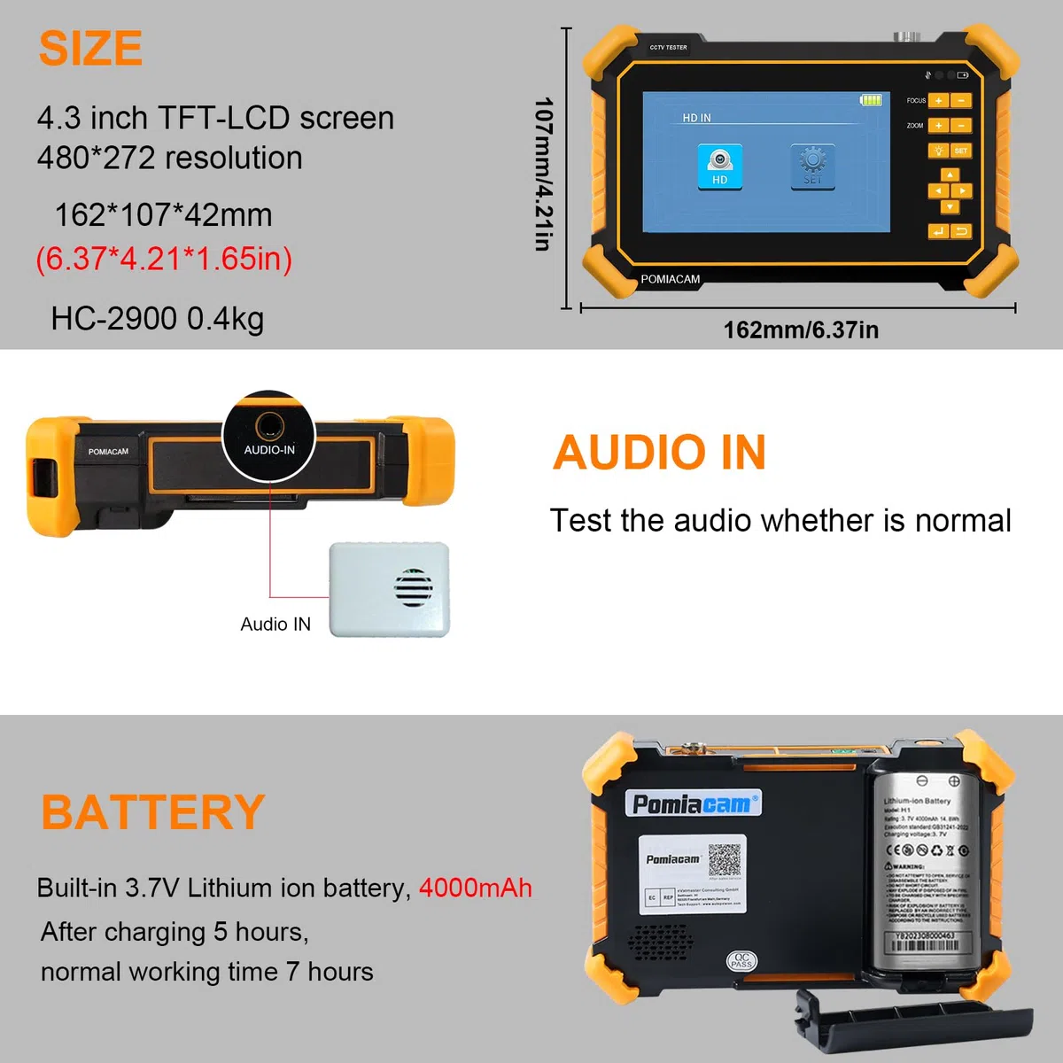 Monitor CCTV Tester HD-2900 4.3" TFT LCD 4K 8MP CVI, TVI, AHD, CVBS, video analogico, tester fotocassiale auto HD, batteria integrata 4000 mAh, potenza di uscita DC12V