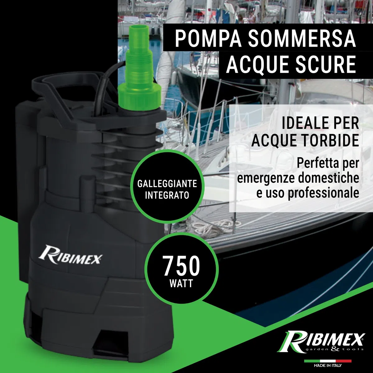 Ribimex Pompa Sommersa per Acque Scure con Particelle fino a 35 mm, 750W, Portata 13.500L/h, Profondità Max 7 m, Prevalenza 8 m, Galleggiante Integrato, Modalità Manuale/Automatica - PRPVC753AS
