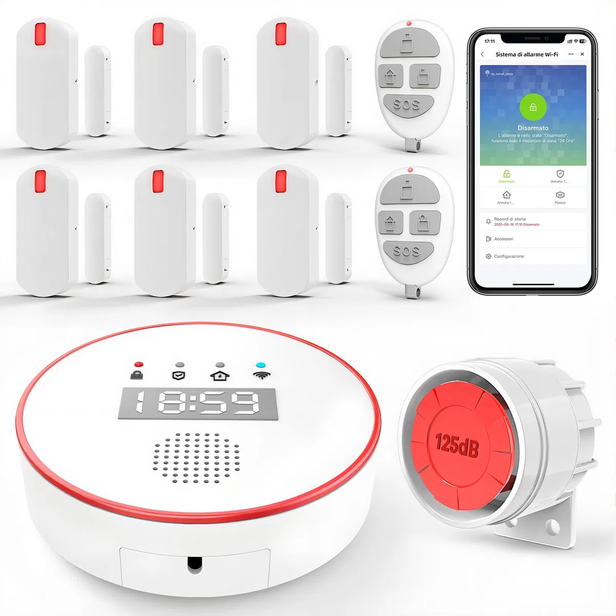 YISEELE Allarme Casa Senza Fili: Antifurto casa con connettività 5 GHz Wi-Fi e App salvavita anziani - Incluso Sirena 125DB - 6 Sensori Porta/Finestra - 2 Telecomandi - Hub - Compatibile Alex & Google