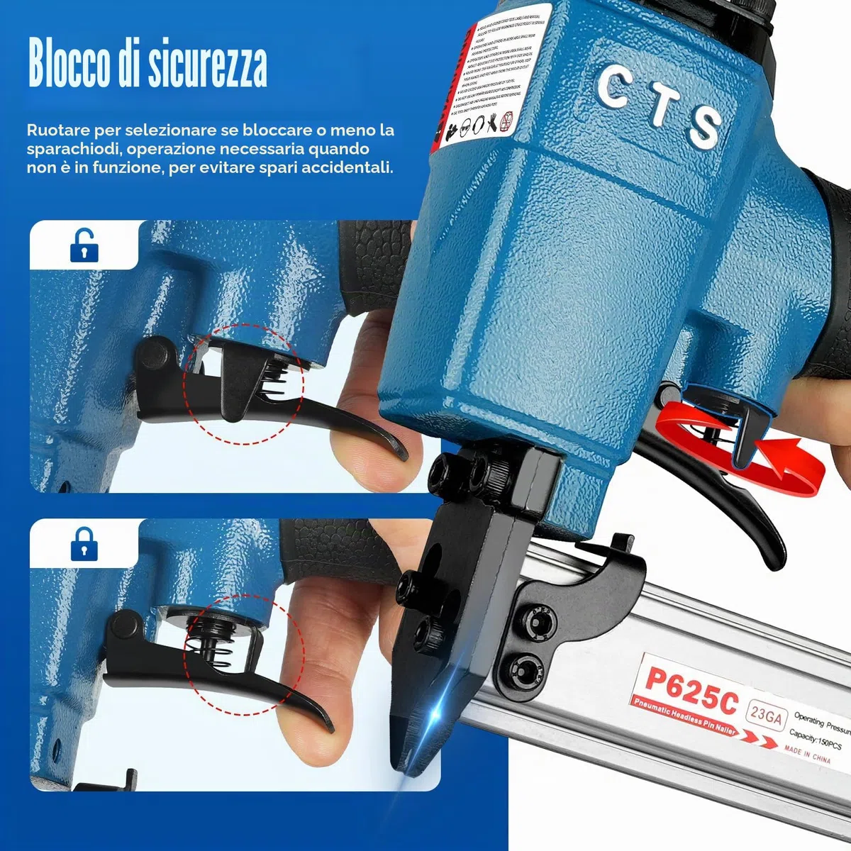 P625C Chiodatrice pneumatica con perni da 23 gauge e 3000 perni inclusi, chiodatrice pneumatica senza testa con blocco di sicurezza, adatta per perni da 1/2'' a 1'' (12 a 25mm), micro