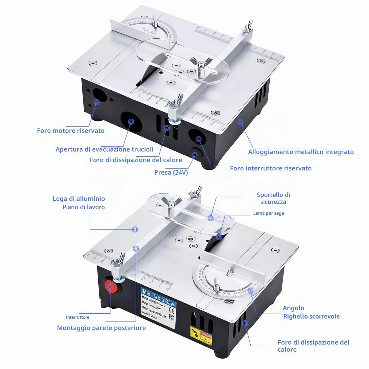 Mini sega circolare da tavolo, alimentatore di rete a 7 velocità, precisione regolabile, con 4 lame, 96 W, sega circolare da tavolo, lama da 0,1 – 15 mm, regolabile in altezza e linguetta di sicurezza