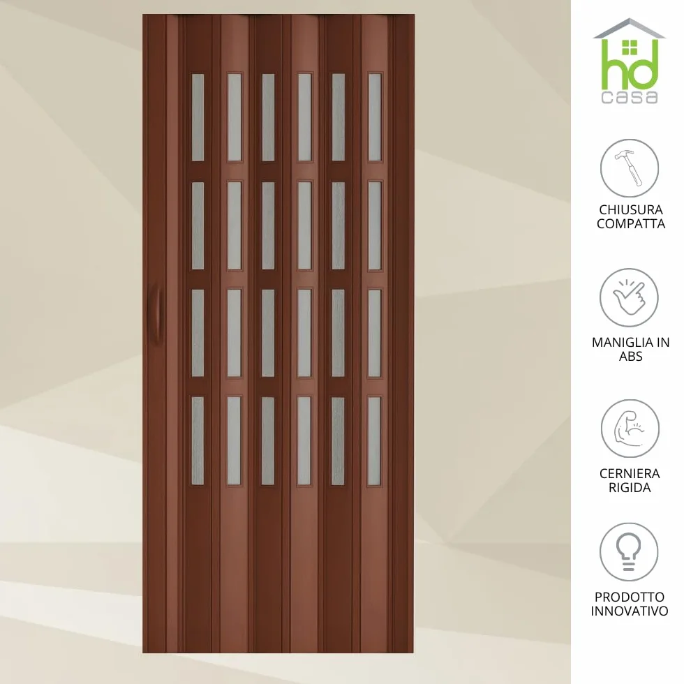 HD CASA Porta a Soffietto Modello Extra Standard, in PVC con Vetri Trasparenti, Reversibile e Regolabile in Altezza e Lunghezza, Fai da Te, Made in Italy, arredo casa, Noce 82x210 cm
