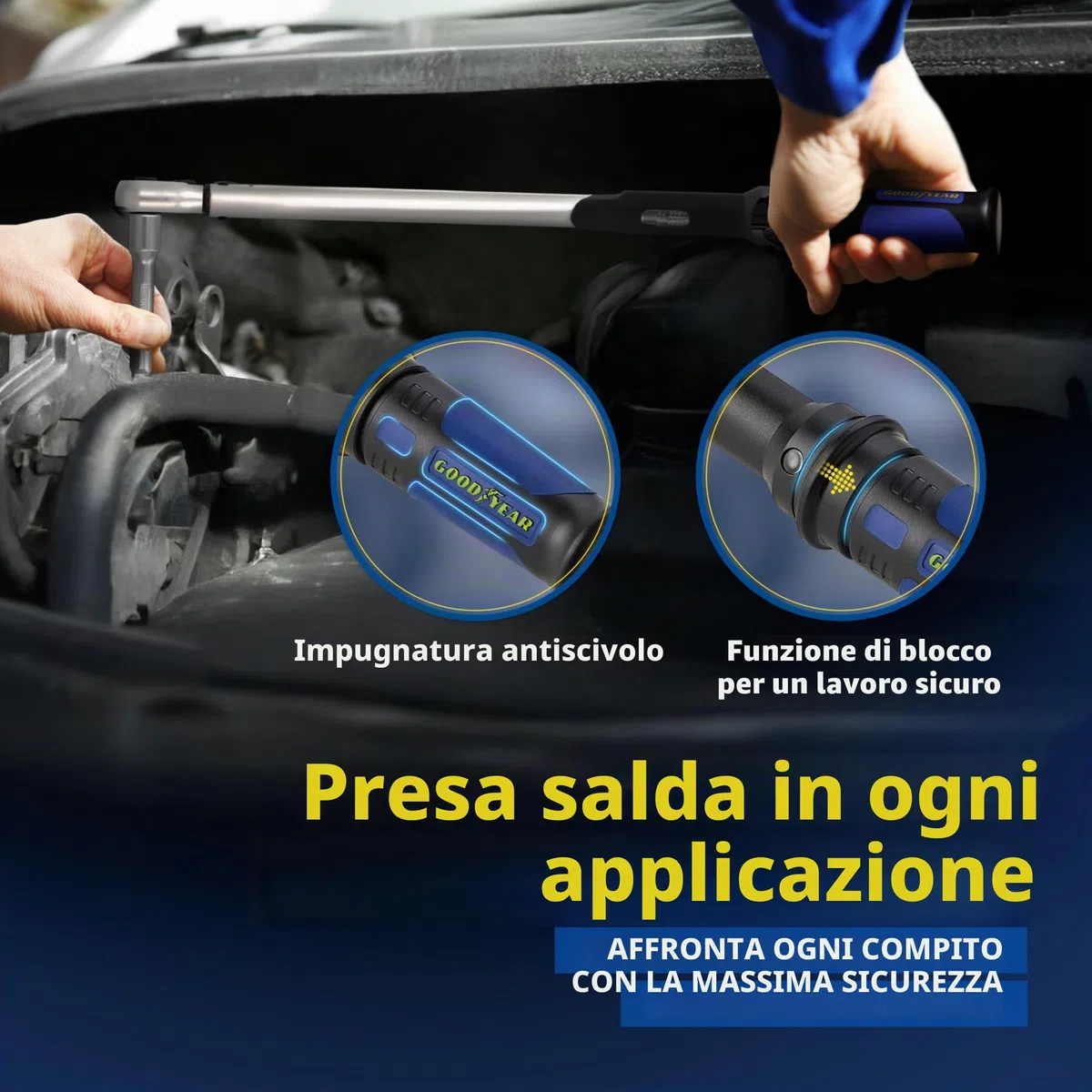 Goodyear Chiave dinamometrica premium, regolabile da 42 a 210 Nm, attacco quadrato da 1/2", prolunga inclusa e bussole da 17 mm e 19 mm