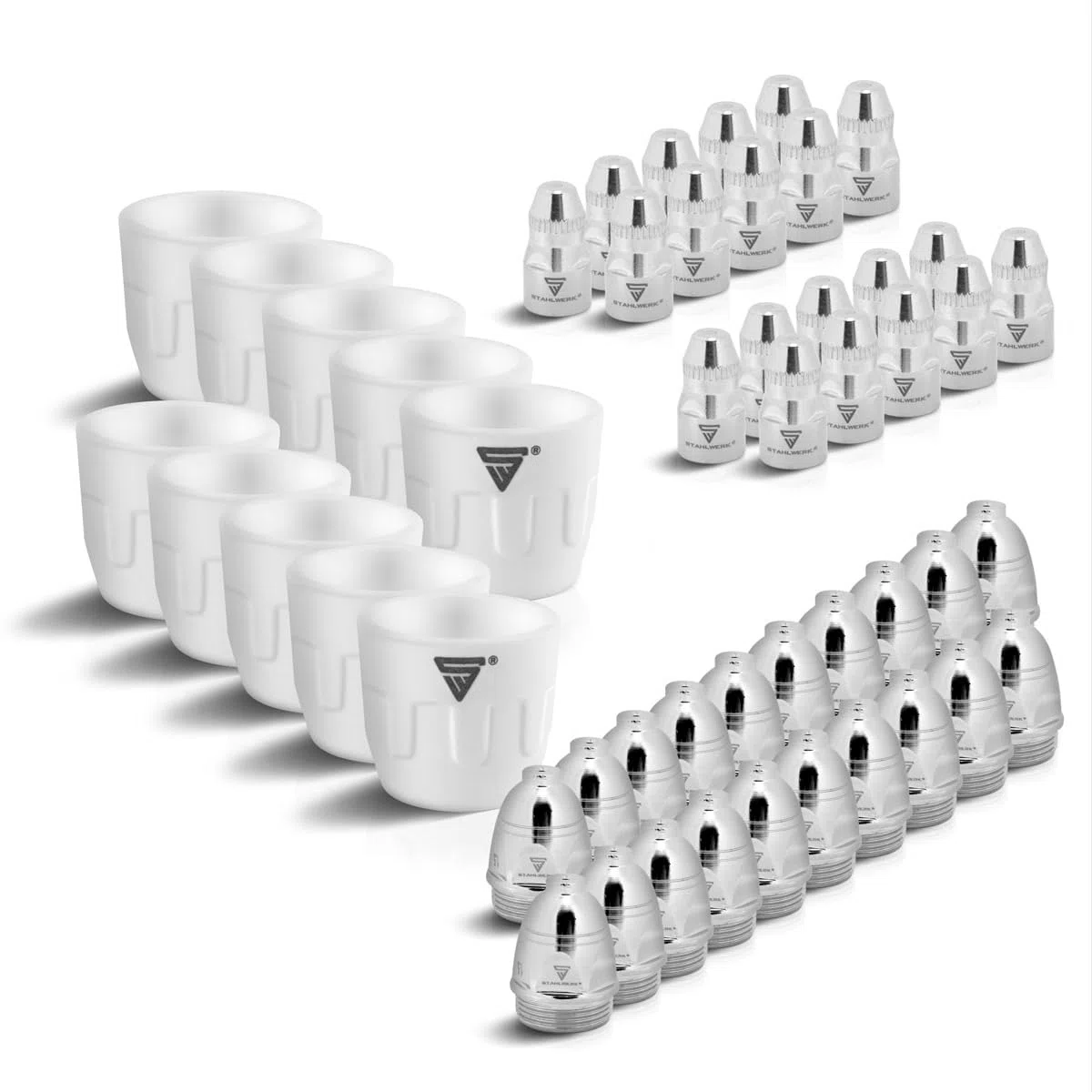 STAHLWERK P-80 Accessori per plasma Parti di usura, ugelli per plasma + elettrodi + cappucci in ceramica per torcia da taglio al plasma P-80 CUT, set 50 pezzi.