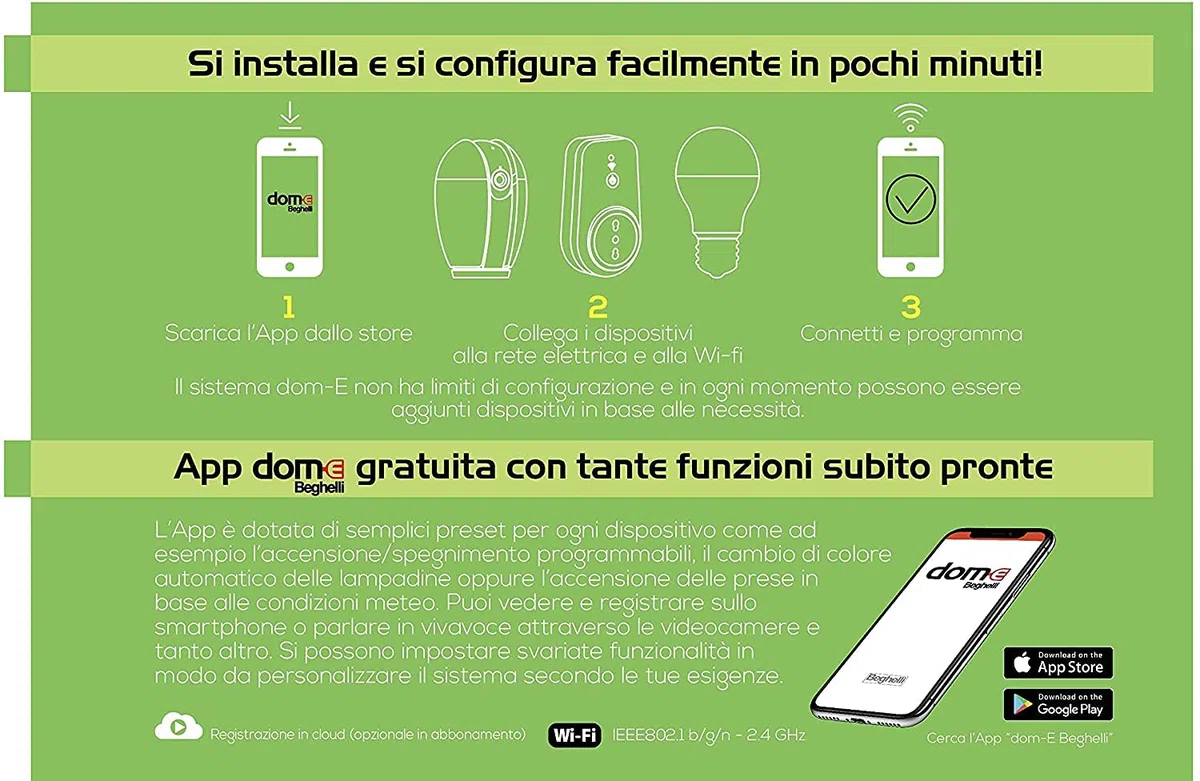 Beghelli - Kit Antitrusione Dom-e, Sistema di Allarme Wireless Wi-Fi/GSM con Batteria Anti Black-Out, Pulsante SOS, Compatibile Alexa e Google Home, Controllo via App e Assistente Vocale, Bianco