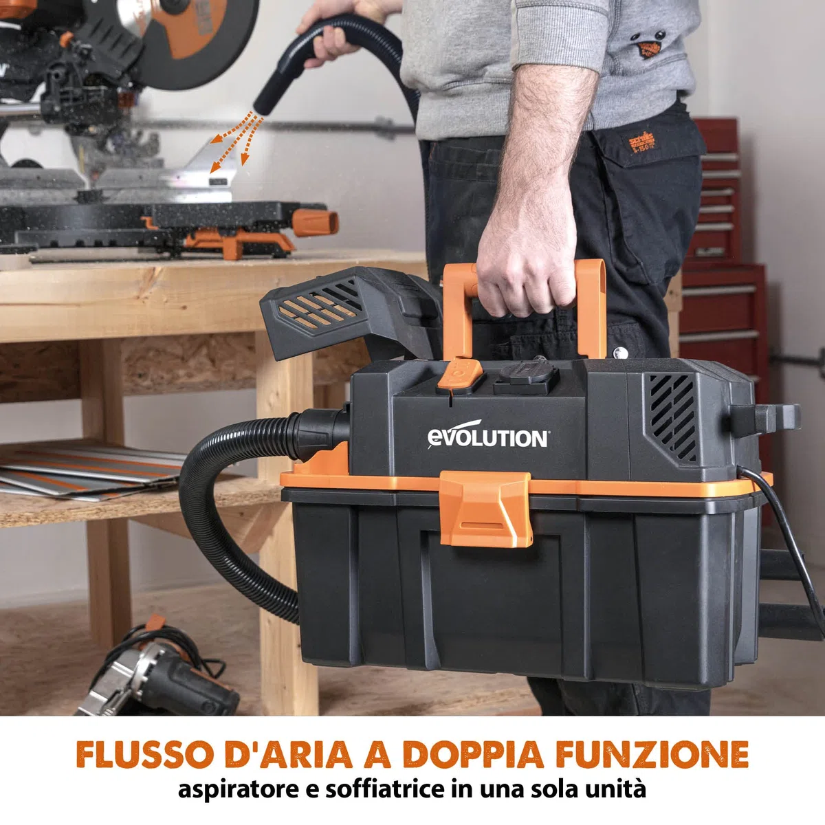 Evolution R15VAC Aspiratore polvere a secco e a umido con presa di potenza - Potente motore da 1.000 - Flusso d'aria a doppia funzione, aspiratrucioli legno, aspirapolvere professionale