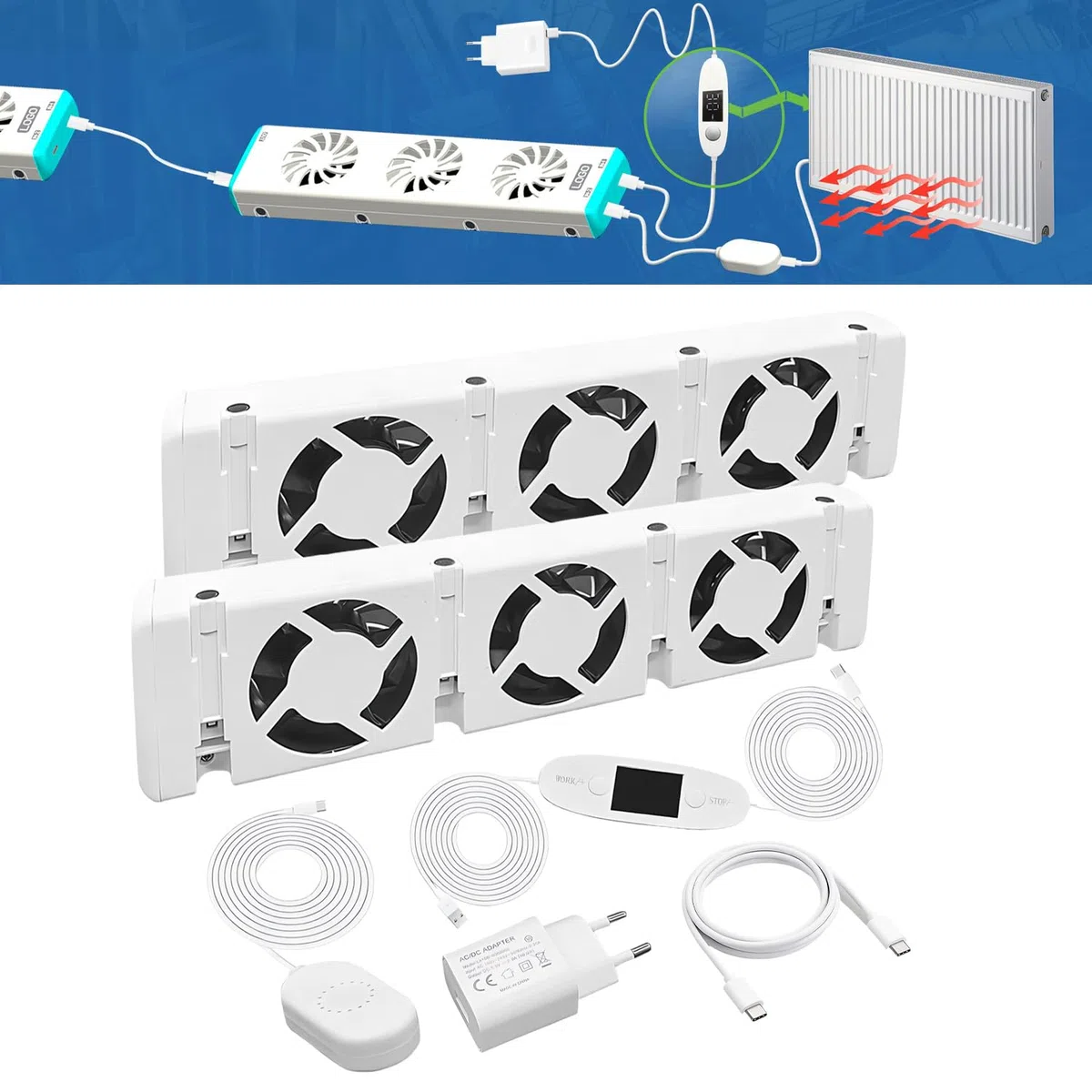 Ventilatore per Radiatori Duo-Set, Intelligente Ventilatore per Termosifone, Ventole per Termosifoni Duo-set, per Sotto-Riscaldatori e Radiatori, per Risparmiare Energia e Costi di Riscaldamento