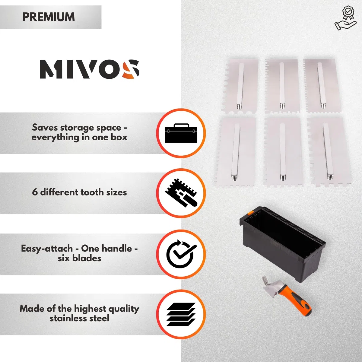 MIVOS Set di Frattazzi con manico staccabile e scatola per il trasporto - 6, 8, 10, 12 mm, Tipo U, tipo Tiger - 6 Frattazzi dentati - Frattazzi in acciaio inox con impugnatura morbida - Cazzuola