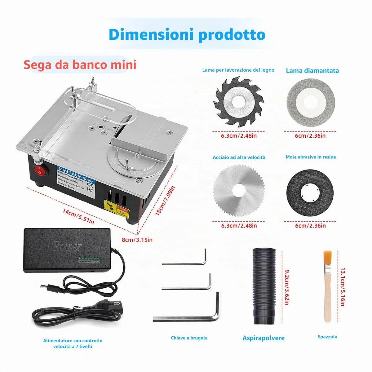 Mini sega circolare da tavolo, alimentatore di rete a 7 velocità, precisione regolabile, con 4 lame, 96 W, sega circolare da tavolo, lama da 0,1 – 15 mm, regolabile in altezza e linguetta di sicurezza