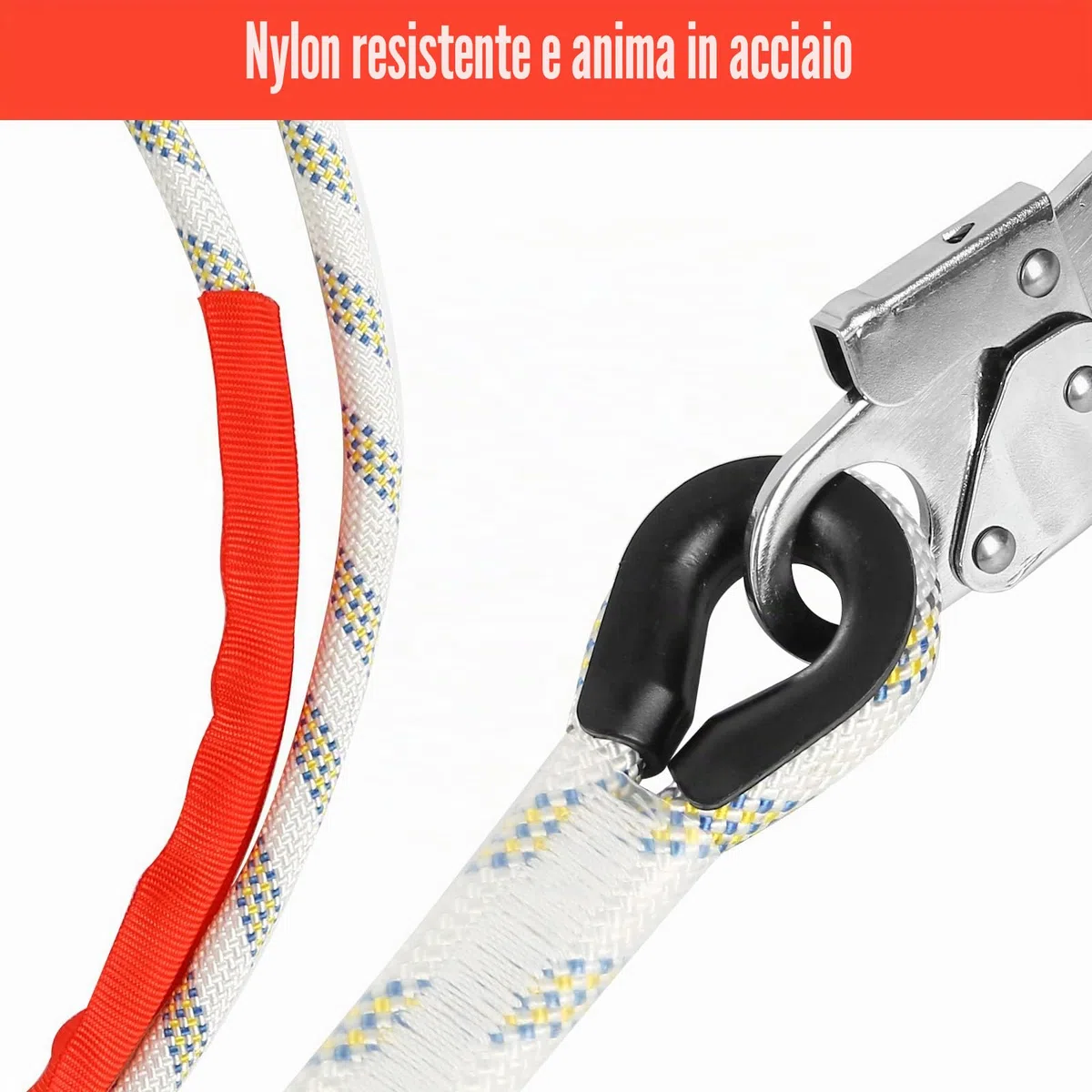 Linea di posizionamento regolabile, con accorciamento della corda PROT-3, protezione anticaduta per il collegamento tra la cintura di raccolta e il punto di arresto, corda per protezione anticaduta e