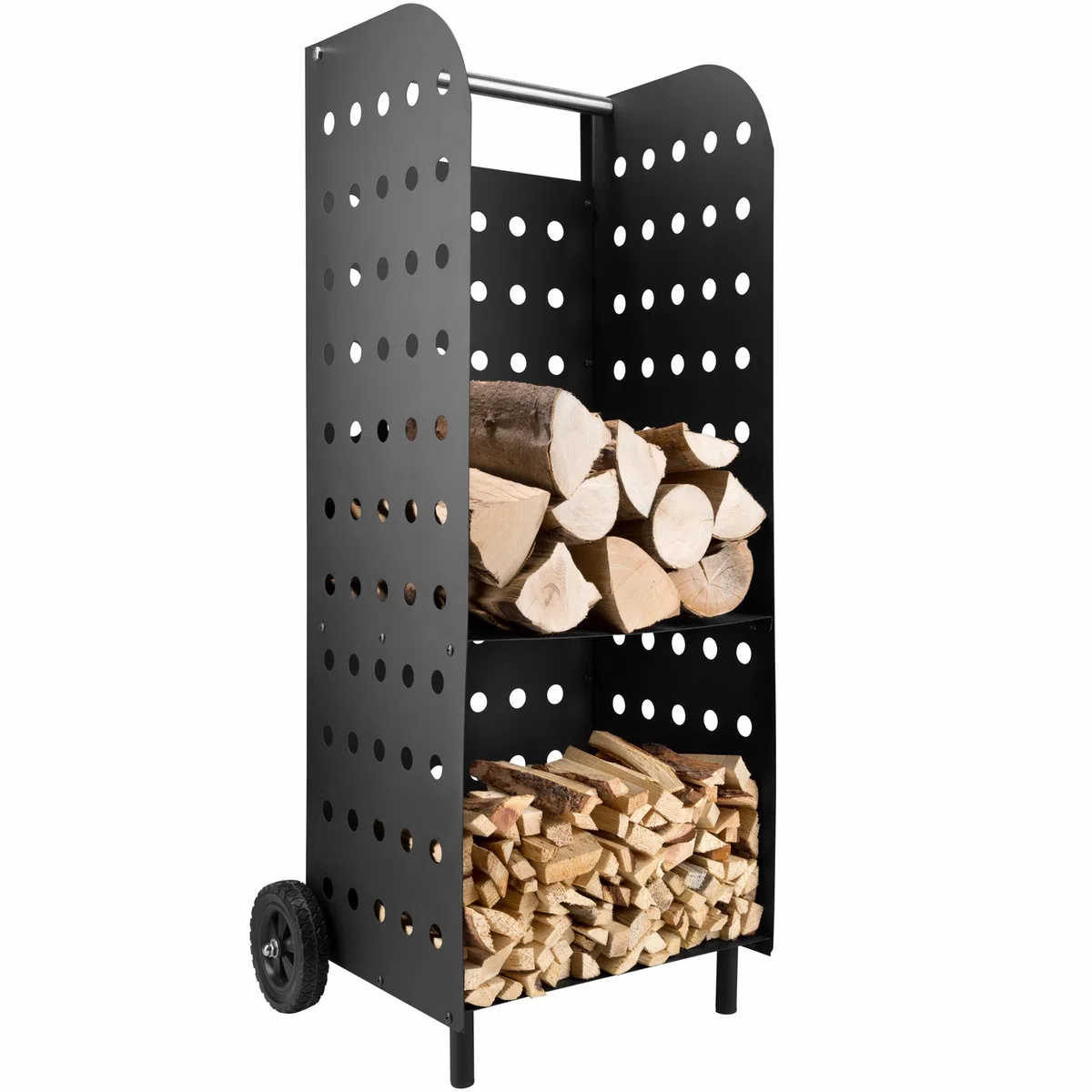 tectake® Carrello Portalegna con Ruote, Portatutto in Lamiera Perforata, Ripiano Aggiuntivo, Carrello Porta Attrezzi, Stabile e Robusto per Interno ed Esterno - Nero