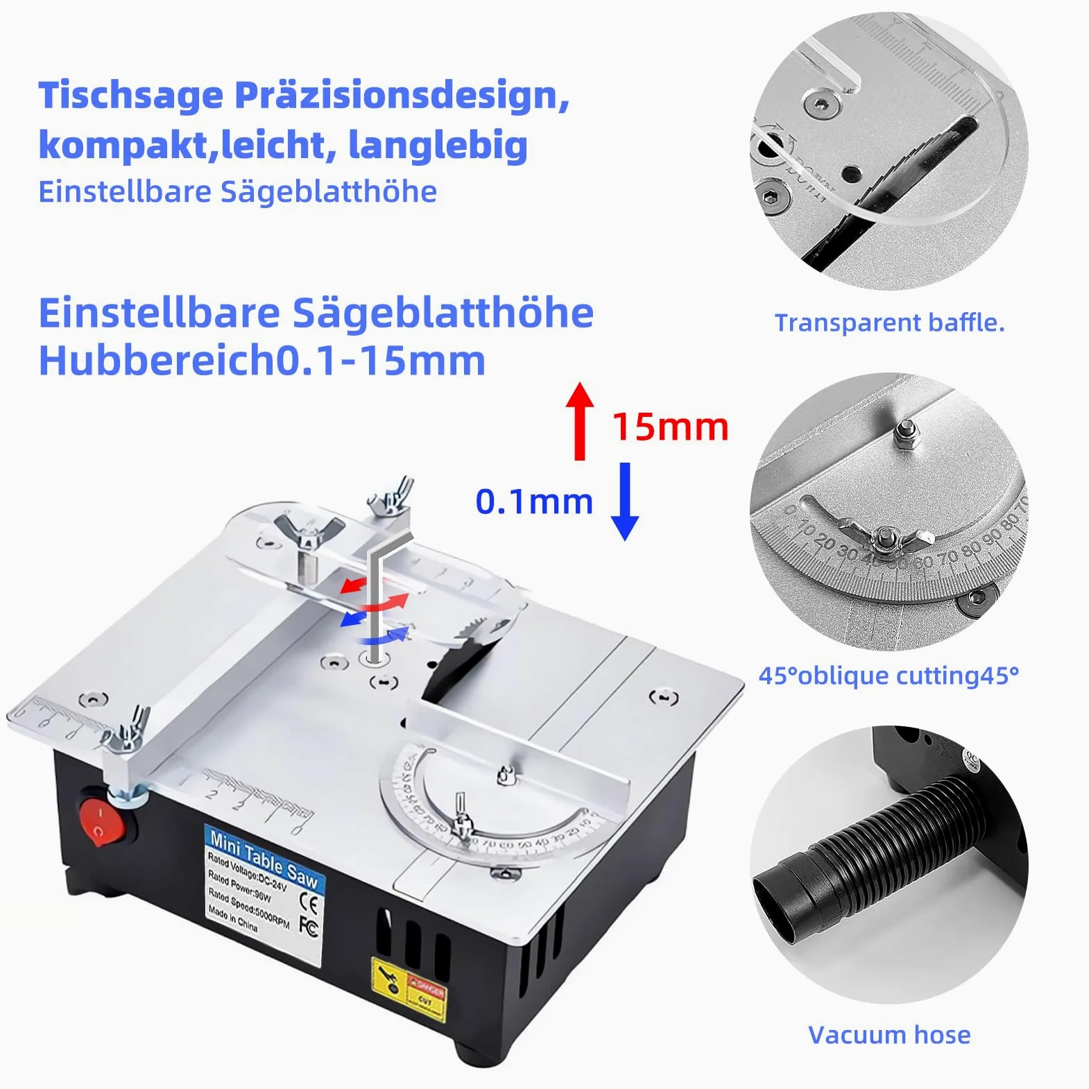 Mini sega circolare da tavolo, alimentatore di rete a 7 velocità, precisione regolabile, con 4 lame, 96 W, sega circolare da tavolo, lama da 0,1 – 15 mm, regolabile in altezza e linguetta di sicurezza