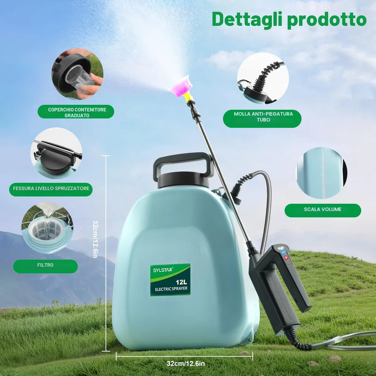 SYLSTAR Pompa Irroratrice a Batteria 12L, 3 Velocità Pompa a Spalla a Batteria con Indicatore, 7,4V Atomizzatore Potente Nebulizzatore Giardino con 5 Ugelli Regolabili per Giardino Cortile Prato