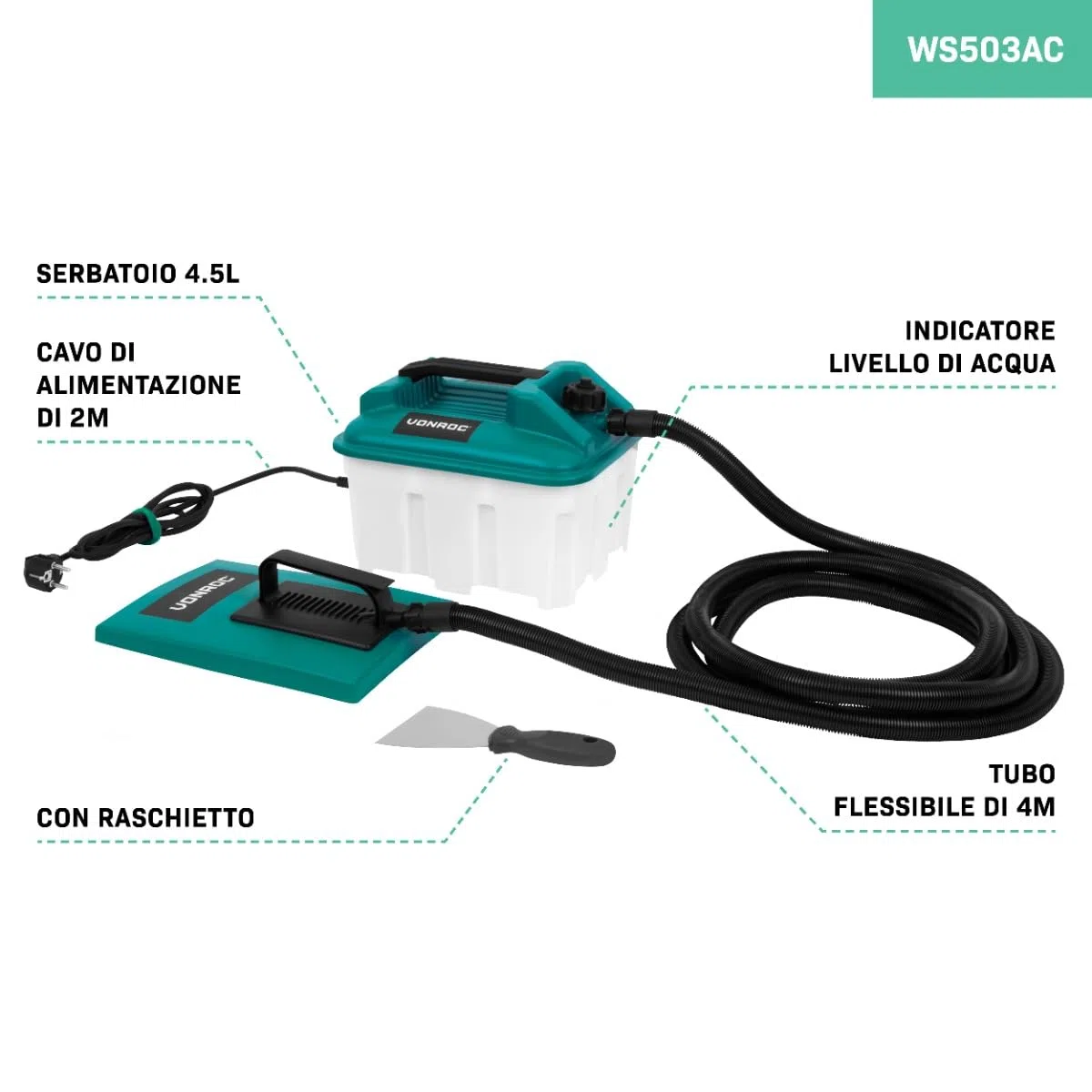 VONROC Vaporizzatore per Carta da Parati 2300W – Serbatoio 4,5L per 70 Min di Vapore – Tubo 4 m – Doppia Piastra Grande + Piccola – Rimozione Rapida Senza Chimici – Raschietto Incluso