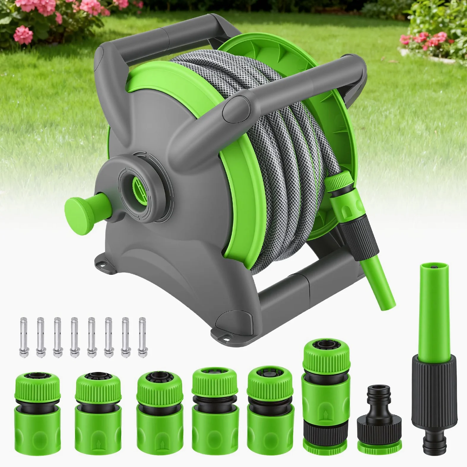 Avvolgitubo Automatico Retrattile 20m, Avvolgitubo da Giardino ad Aria Compressa, Fissaggio a Parete Girevole 180°, Canna Acqua Giardino per Irrigazione Giardino Orto e Pulizia Domestica