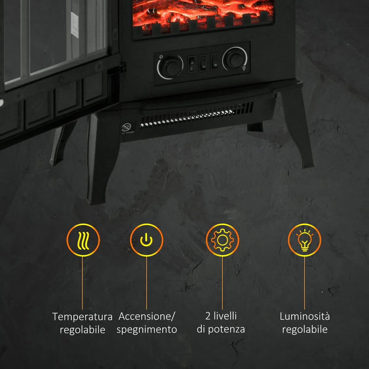 HOMCOM Camino da Terra Elettrico Potenza 1000W / 2000W con Effetto Fiamma Luminosità Regolabile, Caminetto Elettrico con Temperatura Regolabile e Protezione Anti Surriscaldamento, 39x23x56.5cm, Nero
