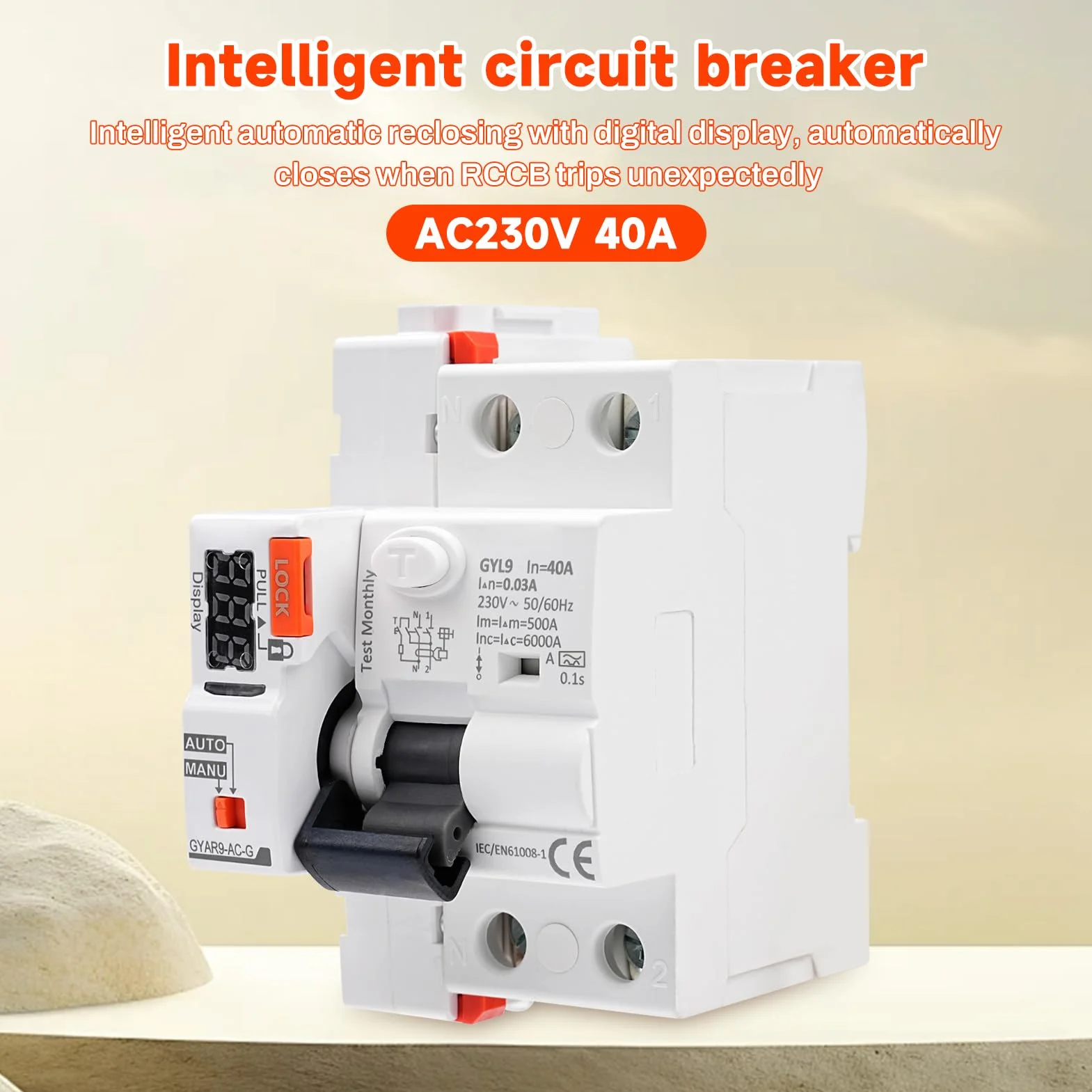 Interruttore Differenziale a Riarmo Automatico con display a LED,40A 30mA 2P AC230V Salvavita con Riarmo Automatico RCCB Salvavita Riarmo Automatico(30mA Type A)