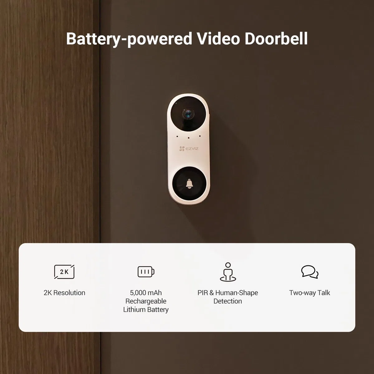 EZVIZ CP3 2K Video Campanello WiFi, Videocitofono a Batteria, Visione Notturna IR, Audio Bidirezionale, Rilevamento Persone, 100% Senza Fili con 5000mAh Batteria