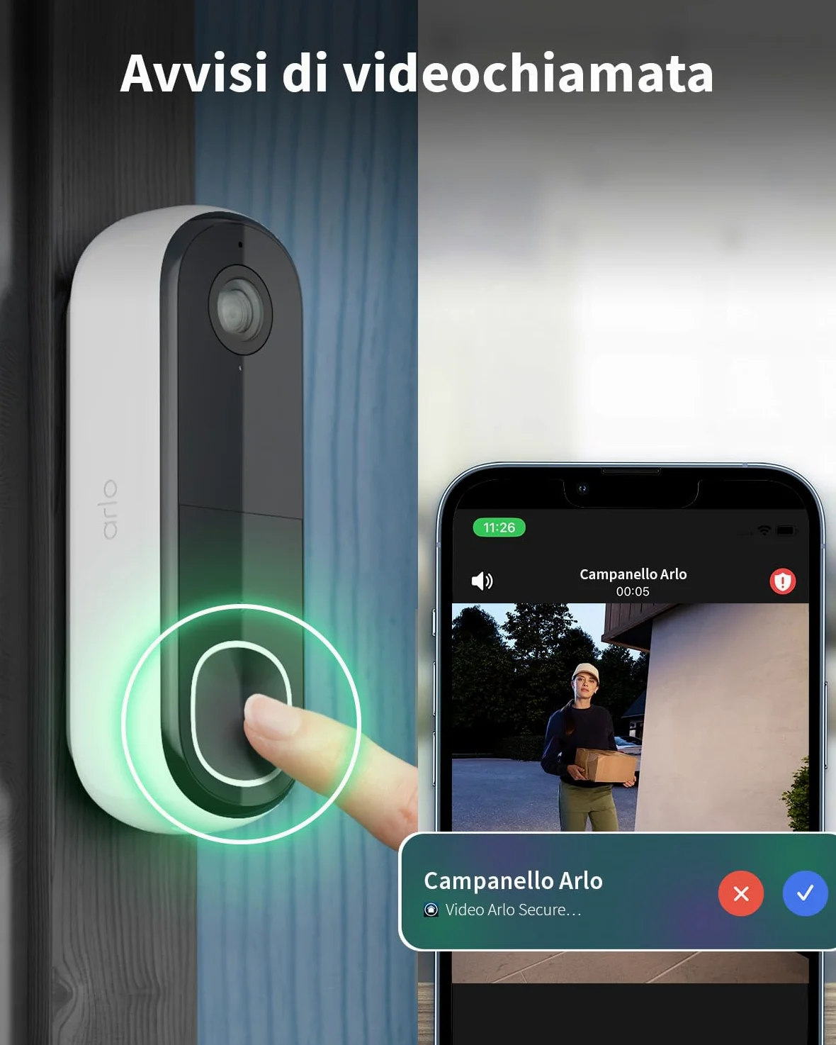 Arlo Essential FHD Videocitofono, Telecamera WiFi Esterno Senza Fili, Campanello Senza Fili da Esterno, Citofono Smart, Sensore Movimento, Visione Notturna, Sirena, Prova Inclusa Secure App, Bianco