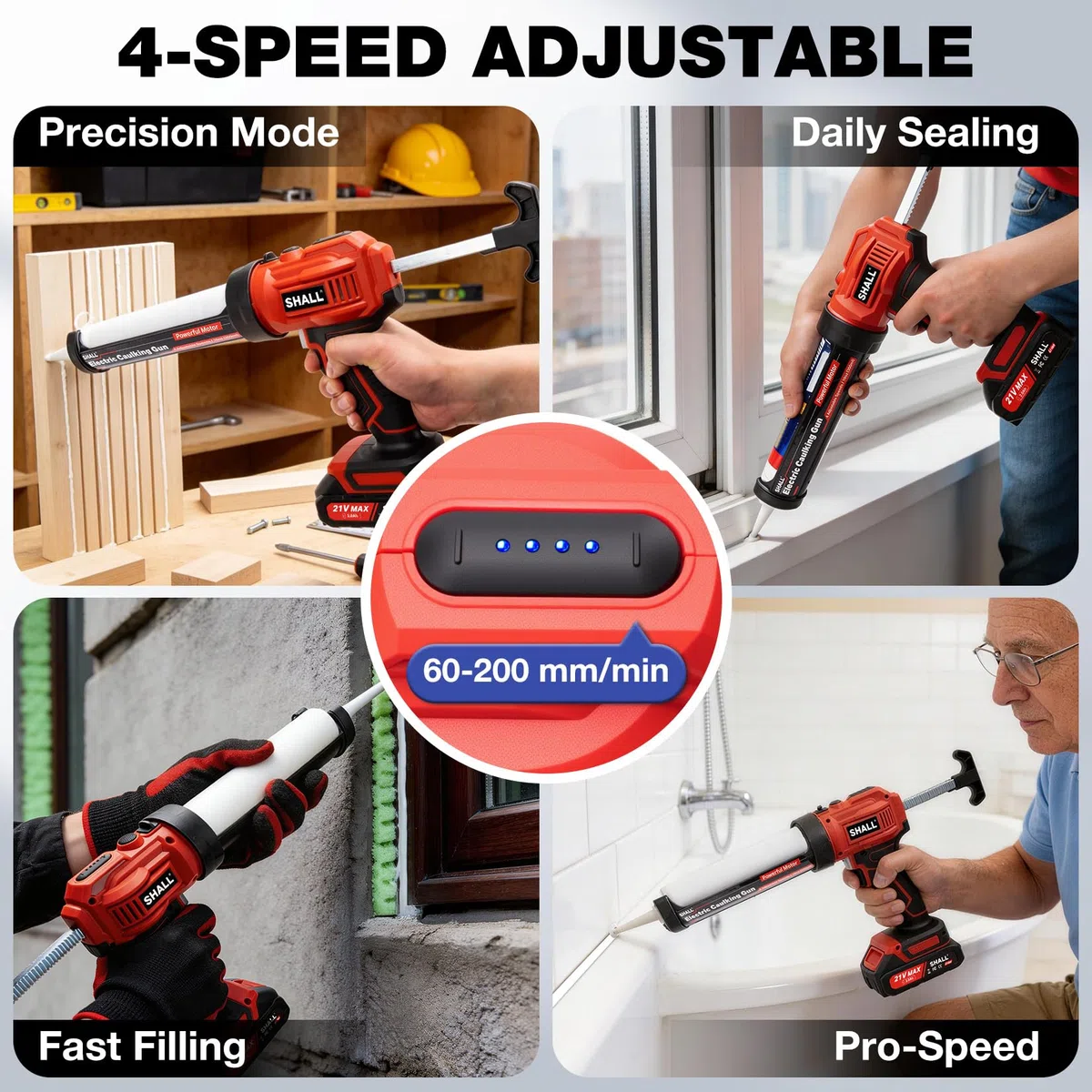 SHALL Pistola per sigillante senza fili, pistola elettrica per sigillante da 21 V con luce LED, 4 velocità regolabili, design antigoccia, compatibile con cartucce da 300 ml per sigillare e riempire