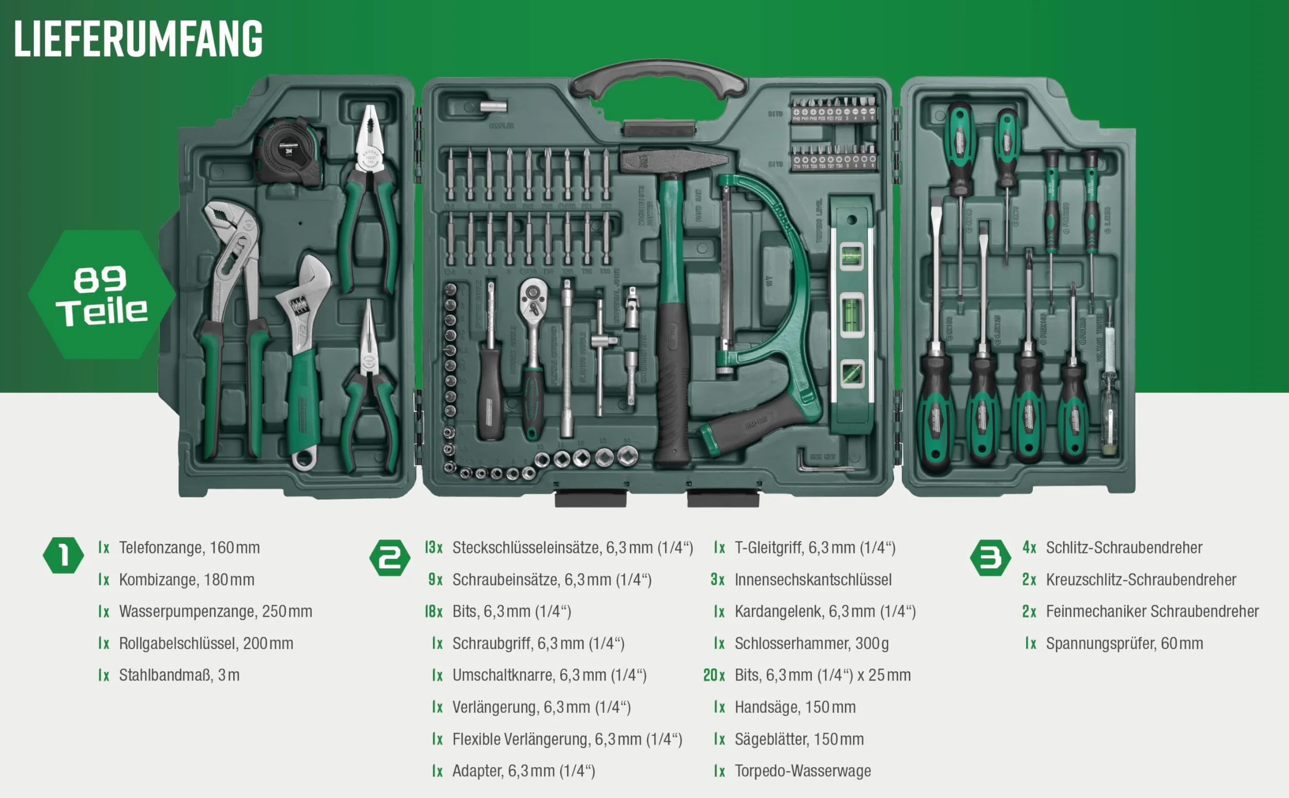 Mannesmann M29085 – Assortimento di attrezzi universali in valigetta richiudibile, 89 pezzi
