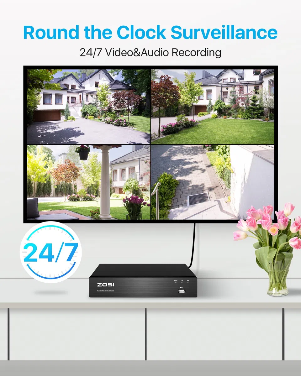 ZOSI 5MP Kit Videosorveglianza PoE Esterno, 8CH 4K NVR con 2TB HDD, 4x 5MP Telecamera PoE, AI Rilevamento di Persone e Veicoli, Audio Bidirezionale, Visione Notturna a Colori, C182