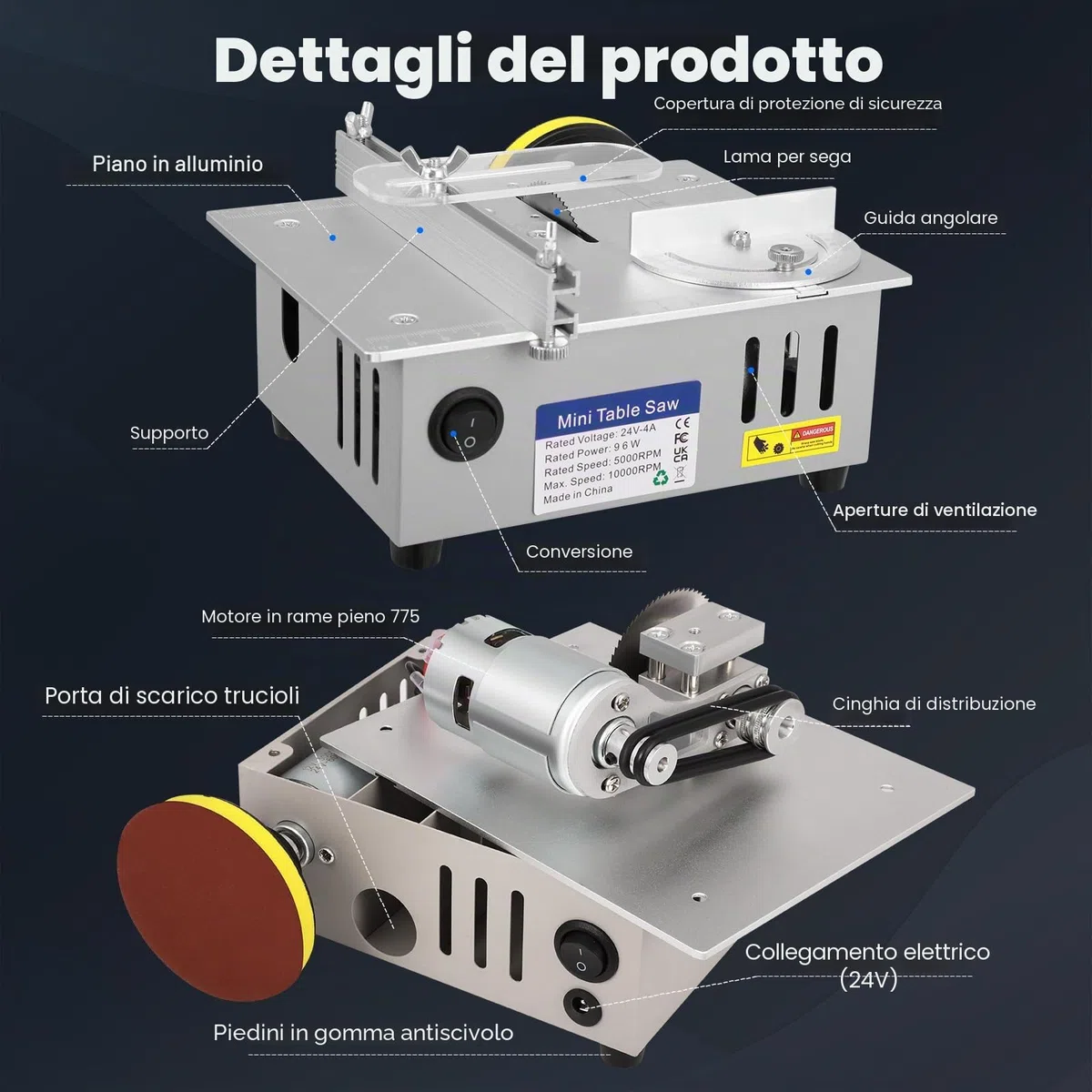 Mini sega circolare da tavolo con disco per lucidatura e 4 lame, mini sega circolare con alimentatore di rete a 7 marce, lama per sega regolabile da 0,1 a 15 mm, sega circolare portatile piccola per
