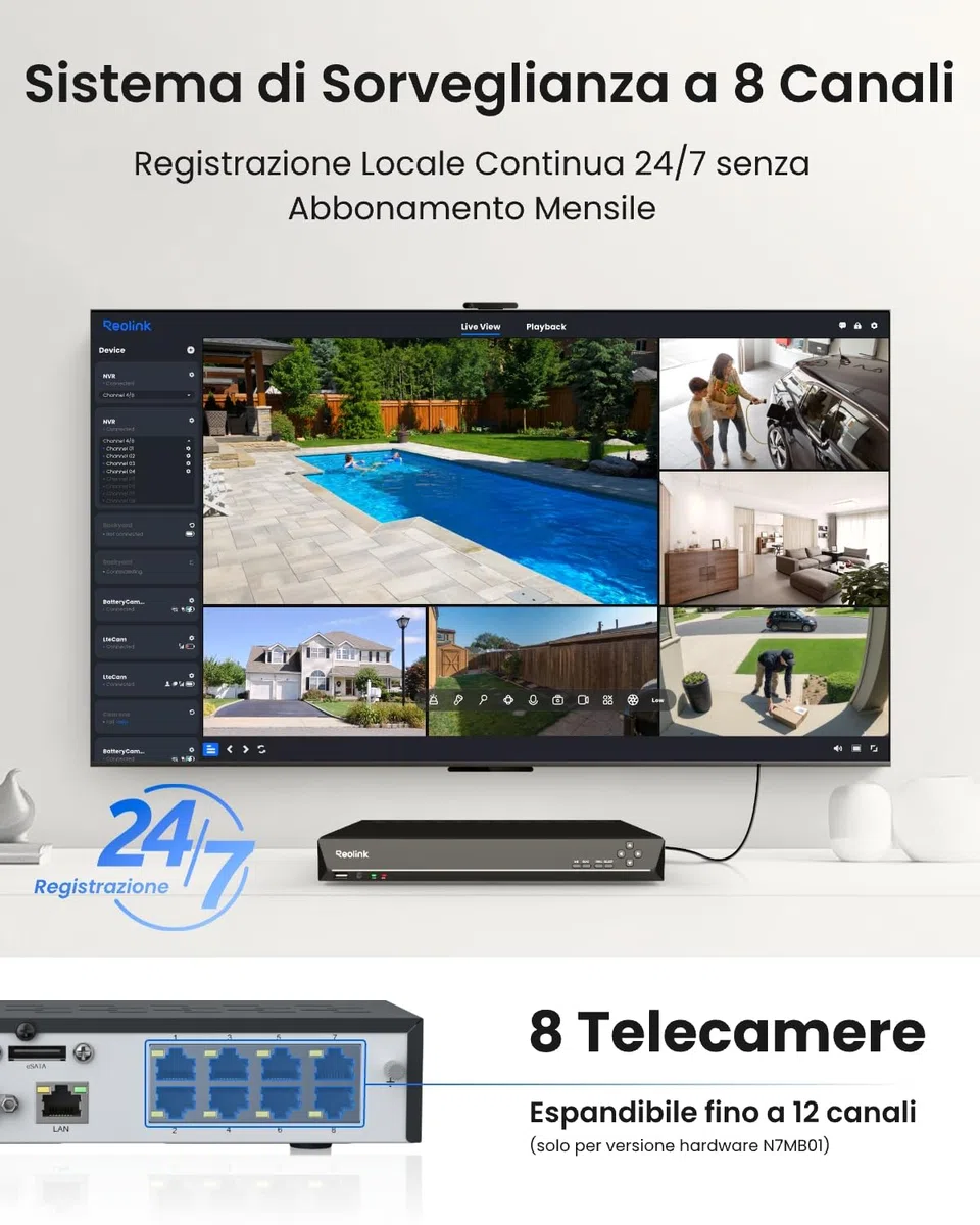 Reolink NVR PoE 8 Canali, Videoregistratore Cablato Supporta 16MP/12MP/4K/5MP/4MP, Accesso Locale e Remoto, Capacità Espandibile a 16TB, Videosorveglianza Registrazione 24/7, HDD non incluso, RLN8-410