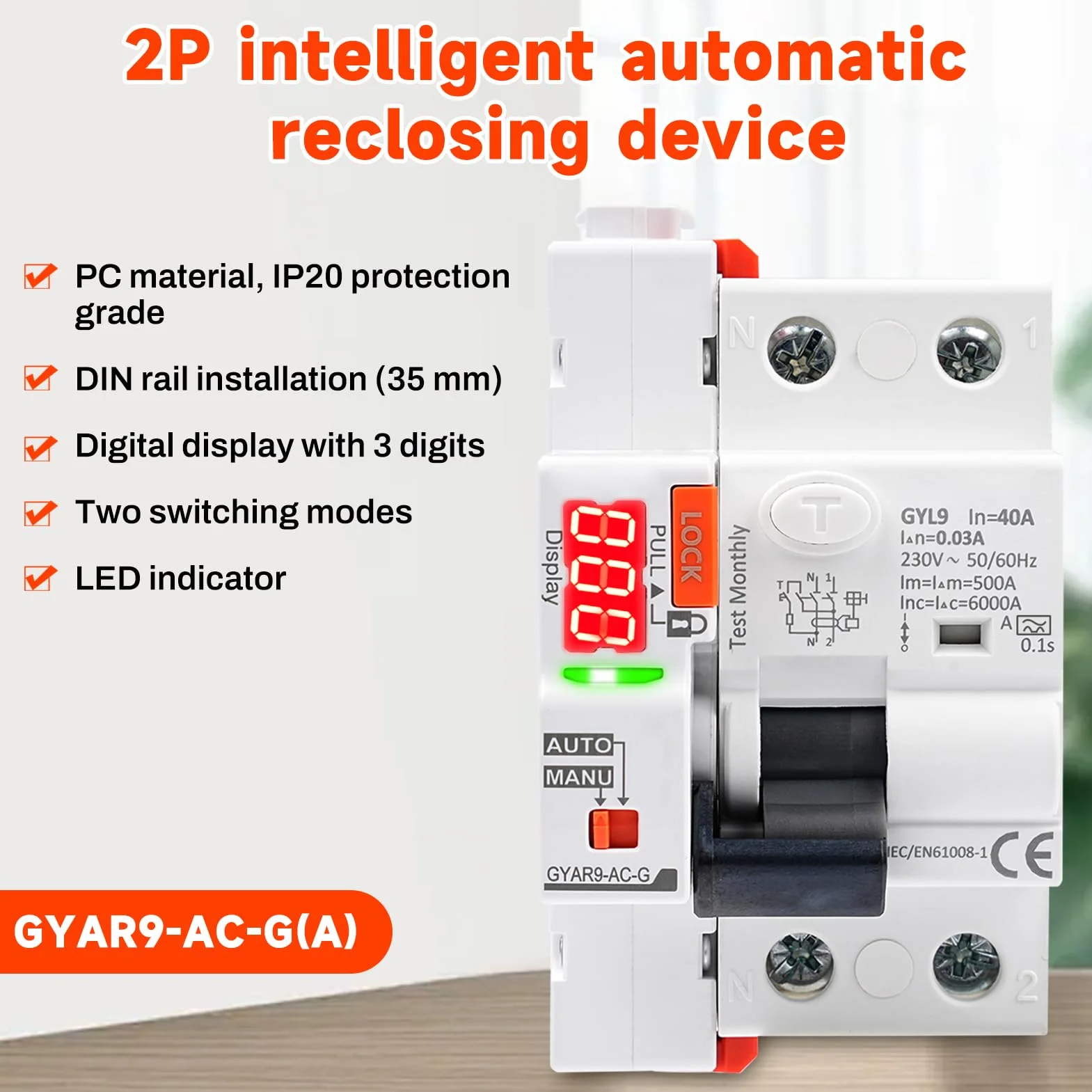 Interruttore Differenziale a Riarmo Automatico con display a LED,40A 30mA 2P AC230V Salvavita con Riarmo Automatico RCCB Salvavita Riarmo Automatico(30mA Type A)