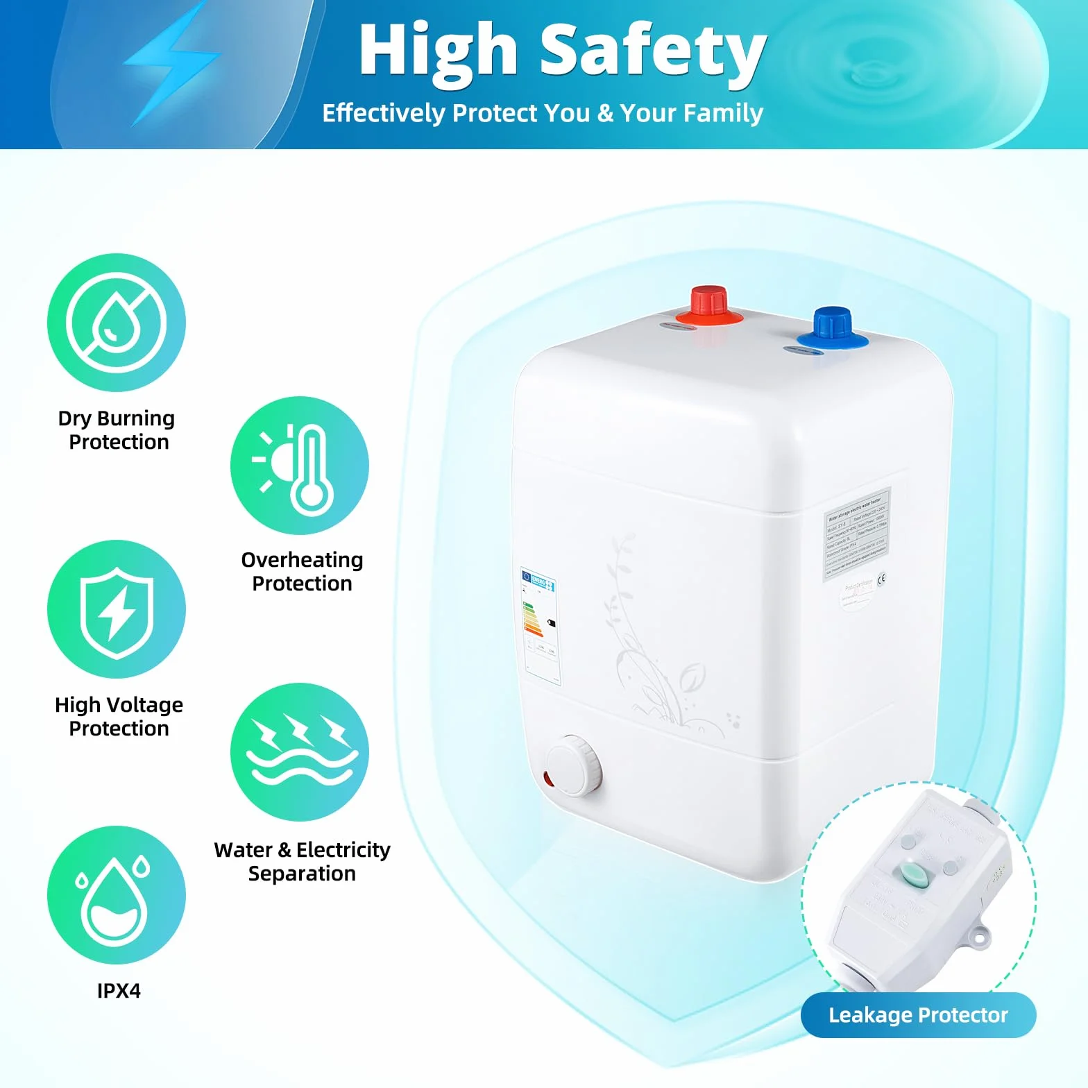 MINRS 8 l, piccolo serbatoio per acqua calda resistente alla pressione, piccolo serbatoio da 1500 W, temperatura regolabile, funzione termostato per lavello da cucina, bagno [classe energetica B]